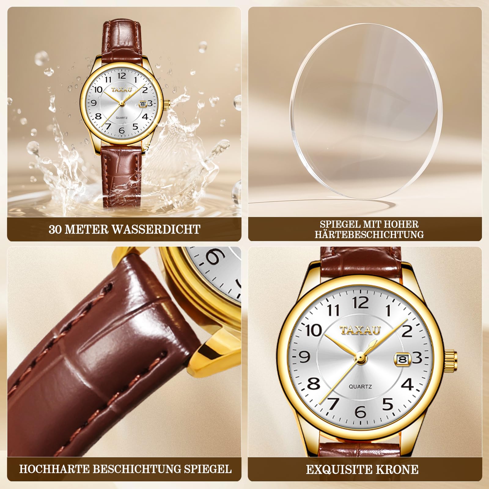 Taxau Damenuhr Quarz Lederarmband, wasserdichte Armbanduhr mit Datum
