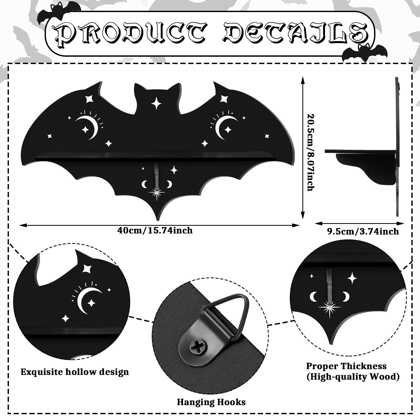 Geetery 3 Pcs Bat Shelf Gothic Decor Witchy Crystal Shelf Spooky Coffin Wall Hanging with Hooks Floating Black Wooden Room Decor for Crystal Keys