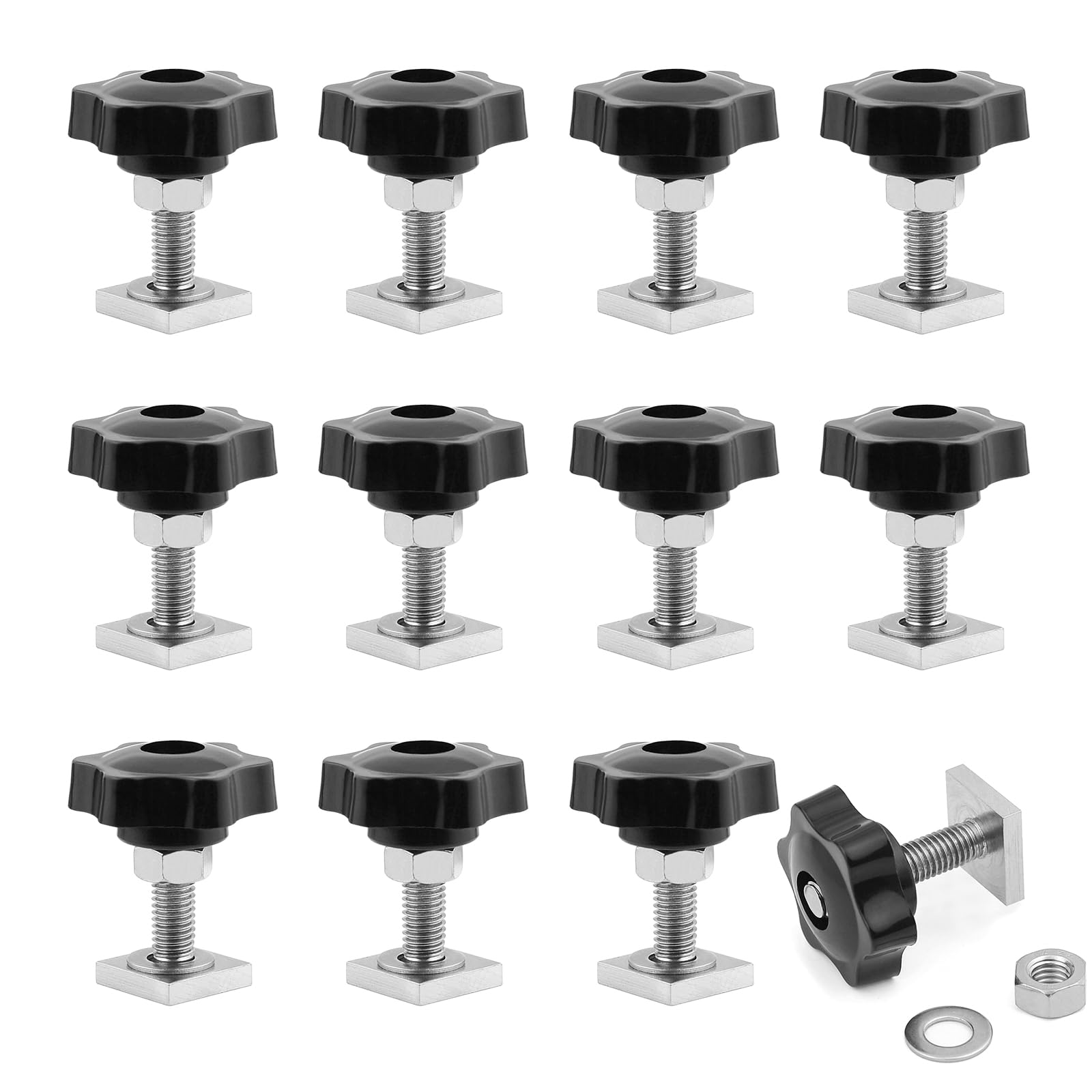 JJWNMLL T track adapter bolts head 20x20 mm square sliding blocks,t-nut adaptors bolts carbon steel roof rack accessories with Screw Nuts (M8 T-slot + star knob nut-12pcs)