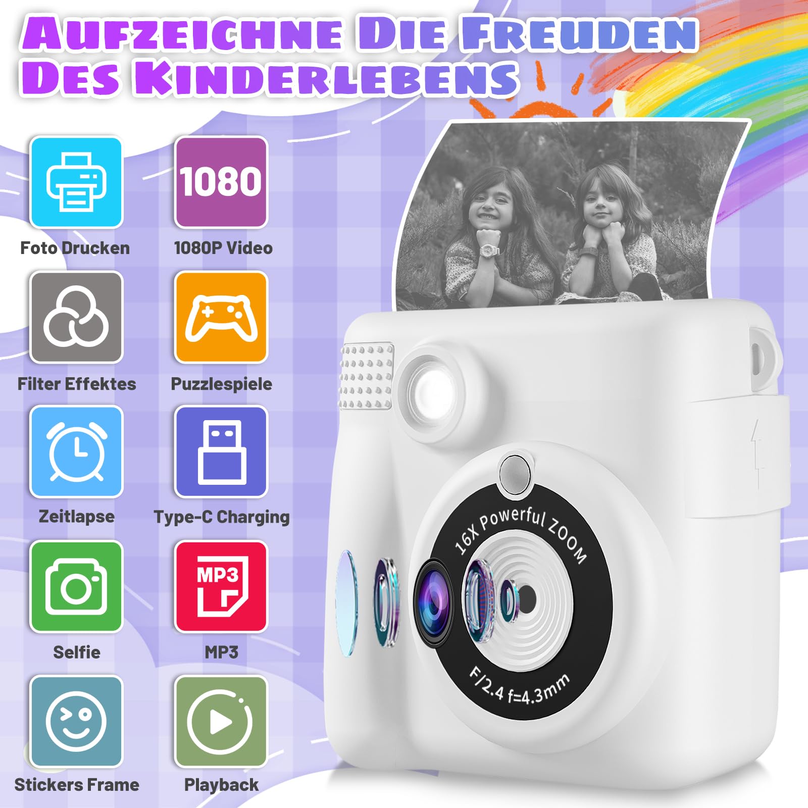Macchina Fotografica Bambini Istantanea, 2.4 Pollici 1080P HD Fotocamera Istantanea Bambini, Fotocamera Digitale con 32GB Card & Carta da Stampa, Regali per Ragazze Ragazzi 3-14 Anni -Bianco