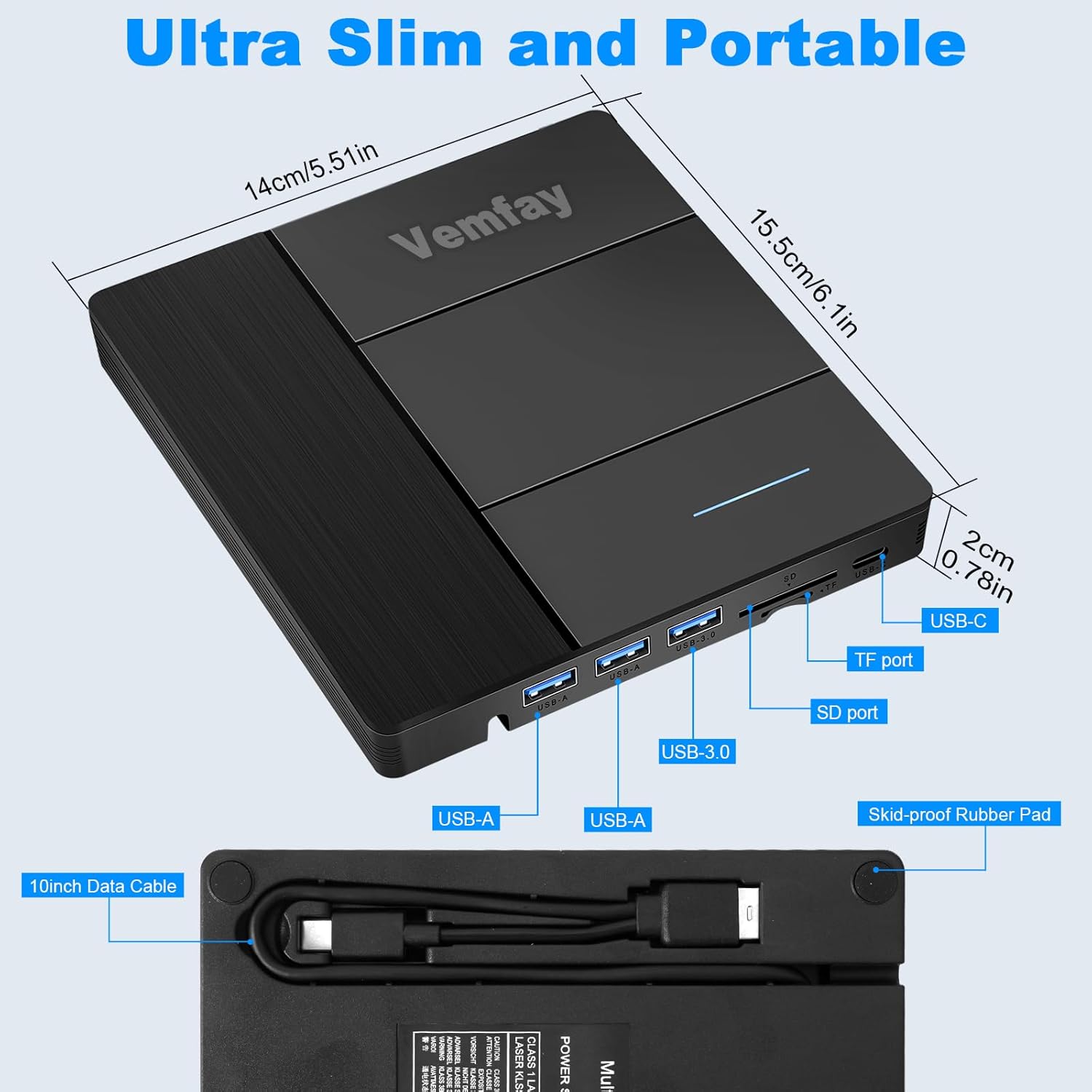 Vemfay External CD DVD Drive with dimensions and port labels