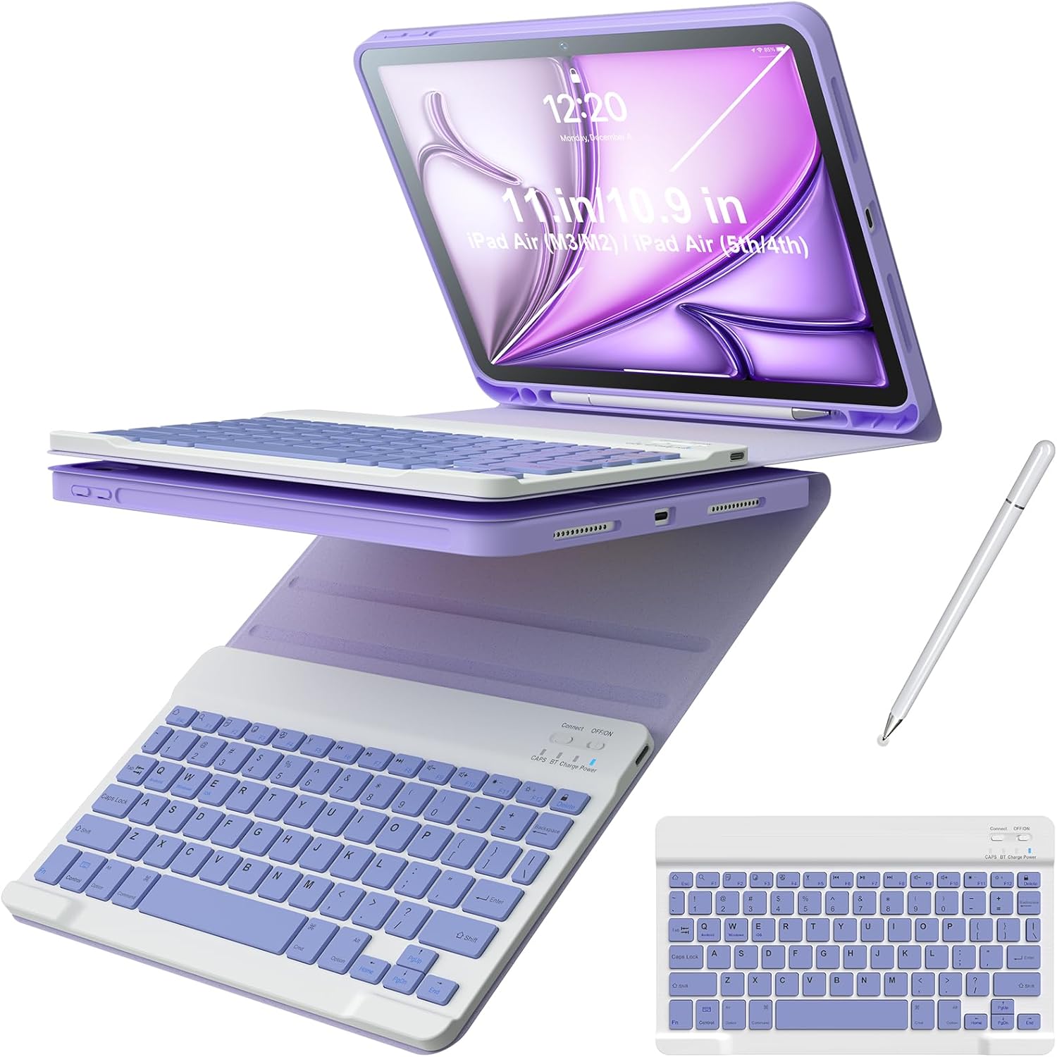 for iPad Case with Detachable Bluetooth Keyboard (USB-C Rechargeable) & Stylus Pen for iPad Air 11" (M2/M3 2024/2025) air 4th/5th Protective Cover with Pencil Holder, Multi-Angle Stand,Purple