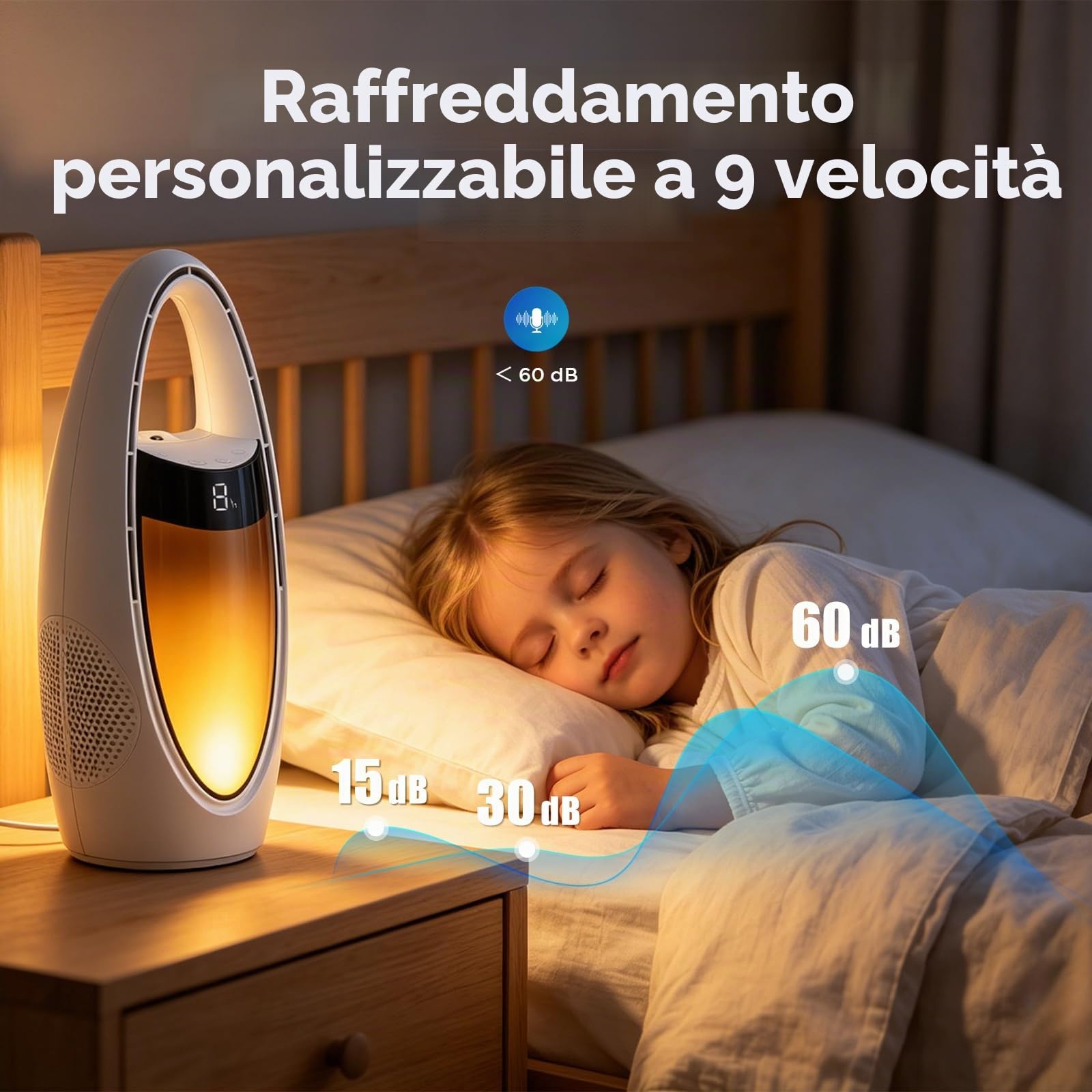 Ventilatore a Torre 35cm, Portatile senza fili da 4000 mAh Ventilatore da Tavolo con umidificatore e 9 livelli di velocità, luce notturna, timer, oscillazione di 70° per camera da letto, ufficio, casa