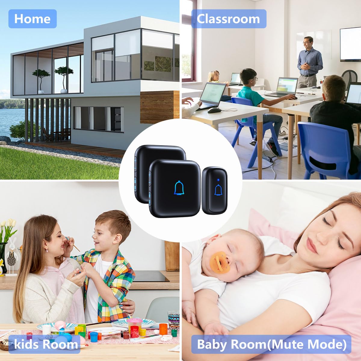 Timbre inalámbrico IP66 impermeable de 1000 pies con 56 campanillas de 115 dB, 7 niveles de volumen, modo de silencio con flash LED, timbre inalámbrico para habitación de niños, maestros, aula,