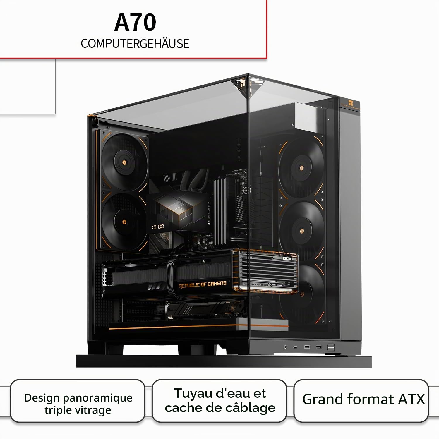 TR-Thermalright A70 Boîtier de vitrage panoramique - Gestion des câbles dissimulée + montage sans outil - Prend en charge les cartes mères ATX, M-ATX et ITX ainsi que les cartes graphiques jusqu'à 420