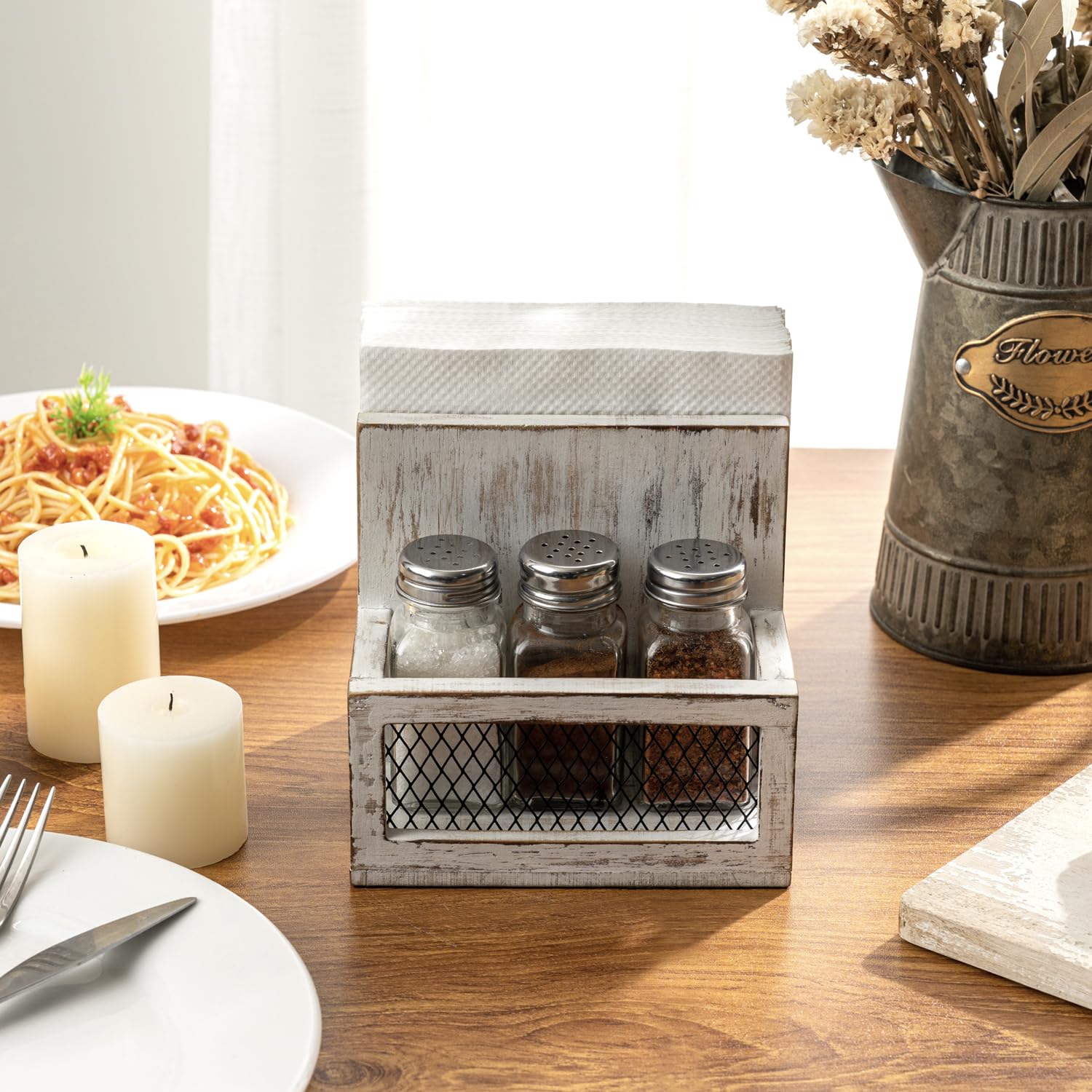 Farmhouse Wooden Napkin Holder With Weighted Arm - Rustic Paper Napkin Dispenser & Condiment Organizer For Kitchen Table - View #12