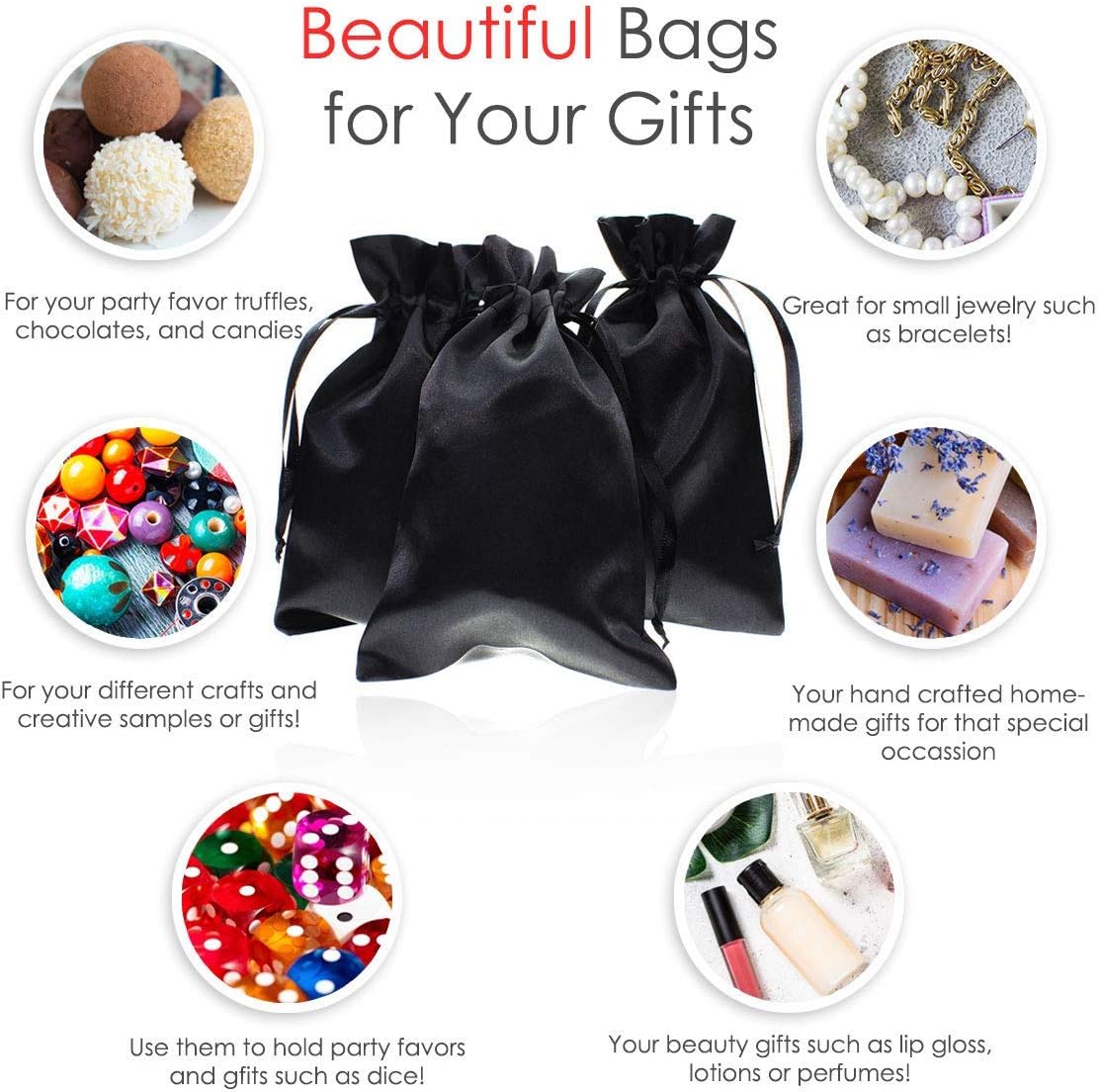 5" x 8" Black Satin Gift Bags, Jewelry Bags, Wedding Favor Drawstring Bags Baby Shower Christmas 50 per Pack - Image 3
