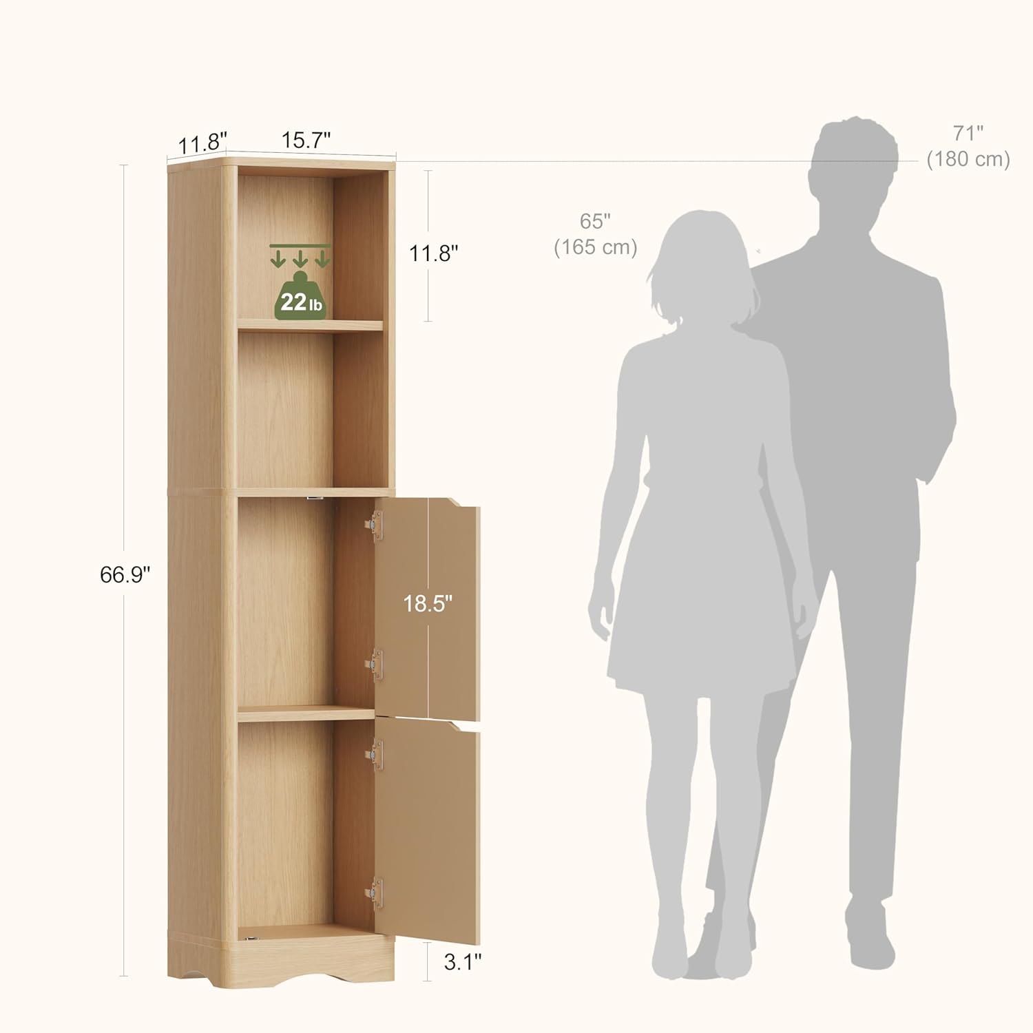 67" Tall Bathroom Organizer and Storage, Narrow Storage Cabinet with 2 Doors and 4 Shelves, Freestanding Floor Storage Unit,15.7" W x 11.8" D x 66.9" H, Nature