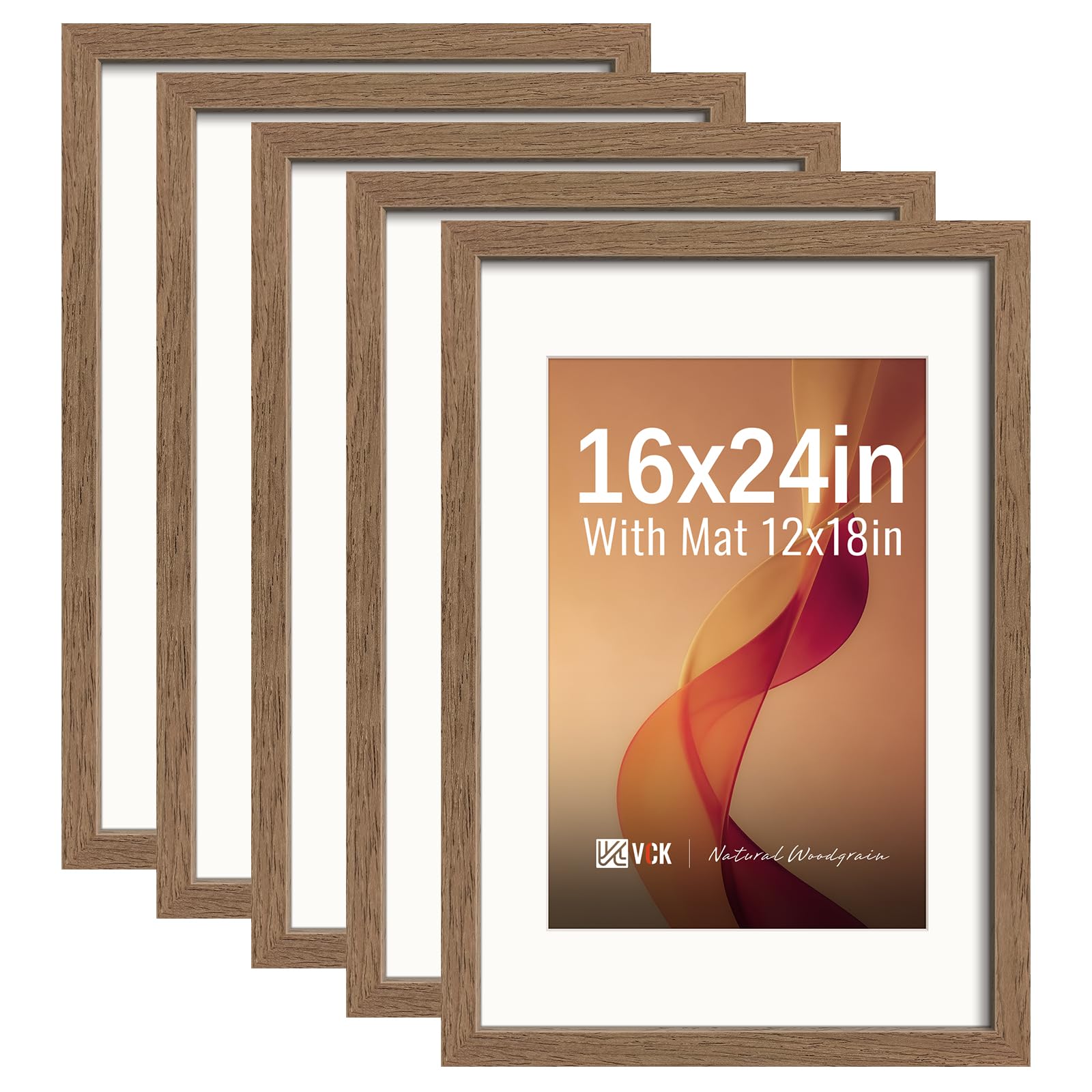 VCK 16x24 Picture Frame 5 Pack, Walnut Exclusive Wood, 12x18 Mat, for Print