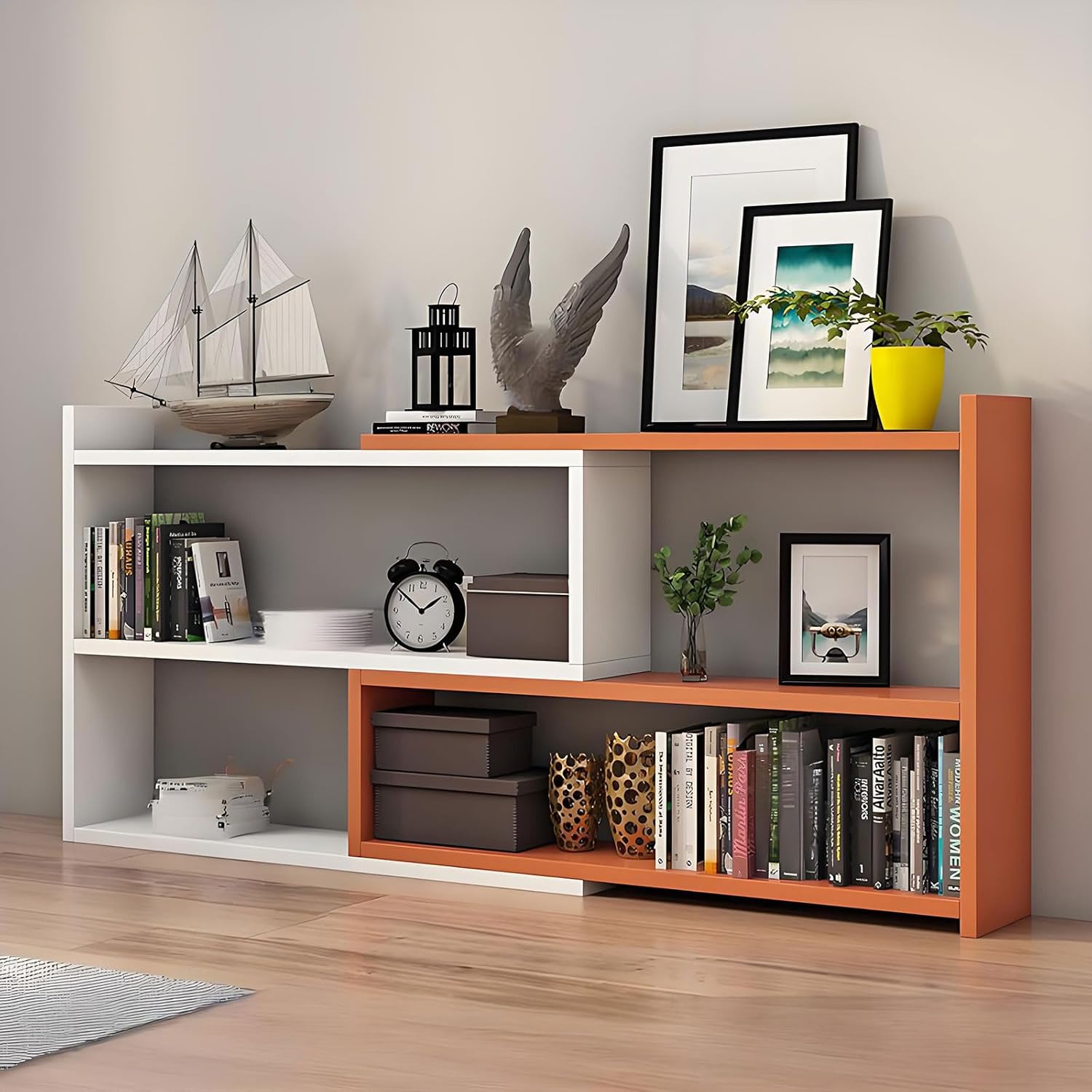 Wooden Extendable Shelf Bookcase - Short Corner Bookshelf, 2-Tier Adjustable Desktop Storage Organizer for Multi-Scene Use for Living Room Bedroom Home Office