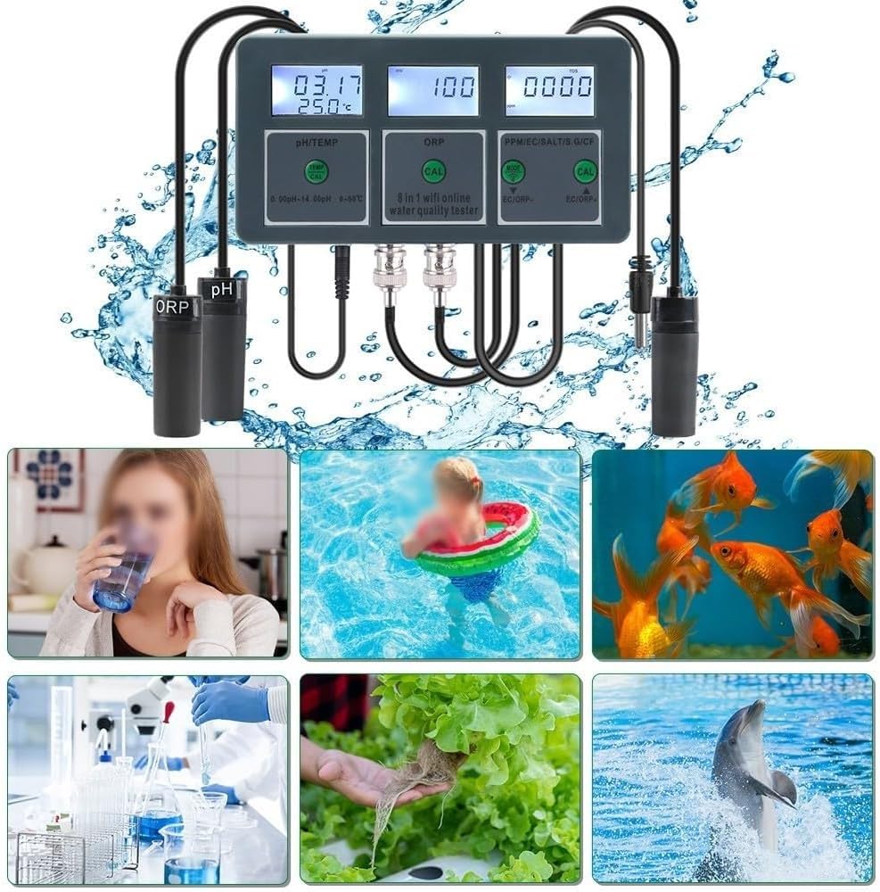 Inteligentny monitor jakości wody WiFi, inteligentny monitor ścienny Tuya, tester pH/EC/TDS/soli/sG/CF/ORP/temp. Do stosowania w źródłach wody, akwariach i hydroponice