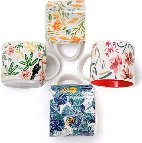 Miniatura 4 de Frcctre Juego de 4 tazas de café de cerámica, taza grande de té de cerámica de 15 onzas con asa, taza de porcelana floral pintada a mano vintage