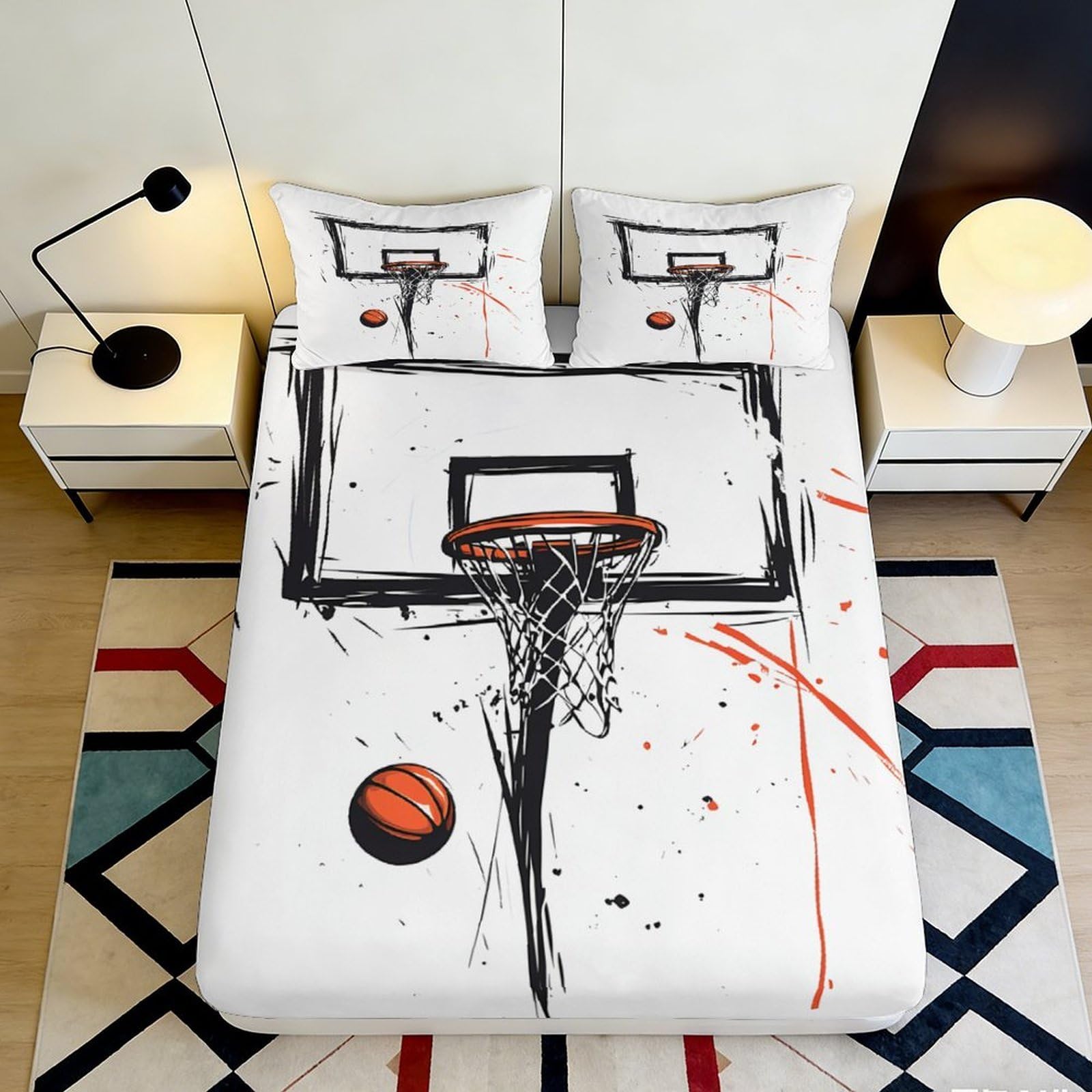 3D Printed Basketball Fitted Sheet Microfiber Deep Pocket Non-Slip Bedroom Bedding Basketball Mattress Fitted Cover Washable 160x200x25cm