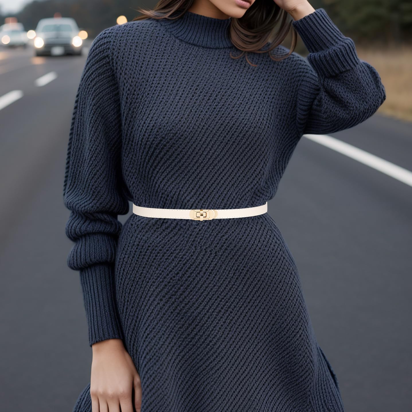 Adjustable Thin Belt For Women Skinny Belts For Dress Women Solid Color Alloy Turn Lock Belt For Jeans Coat,Khaki - Image 3