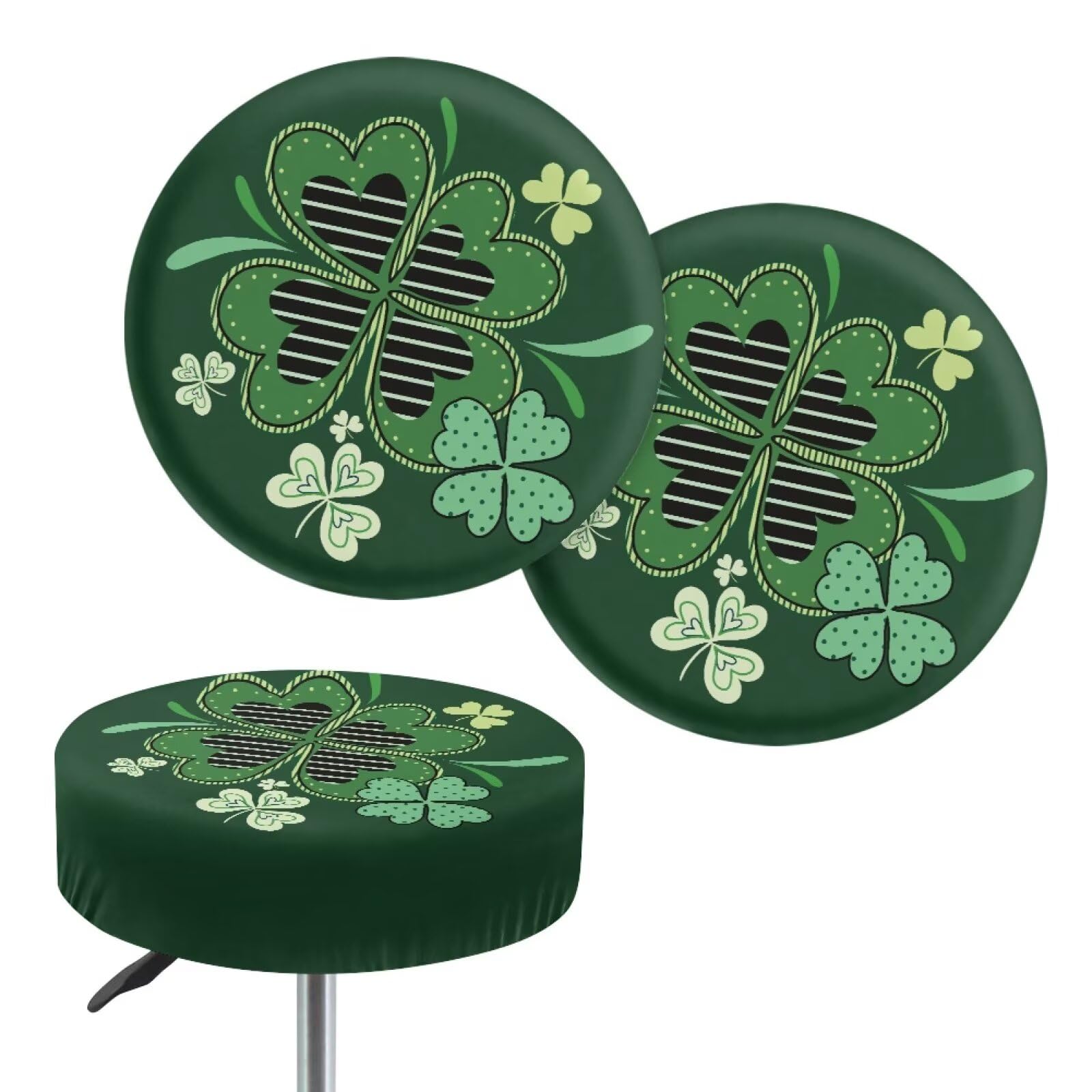 Wanyint Bar Stool Covers 13"-15" Irish Round Bar Stool Seat Slipcover Stretch Washable Bathroom Vanity Seat Stool Covers for Home Office St Patricks Day Decor, 2 Count, Shamrock Dark Green