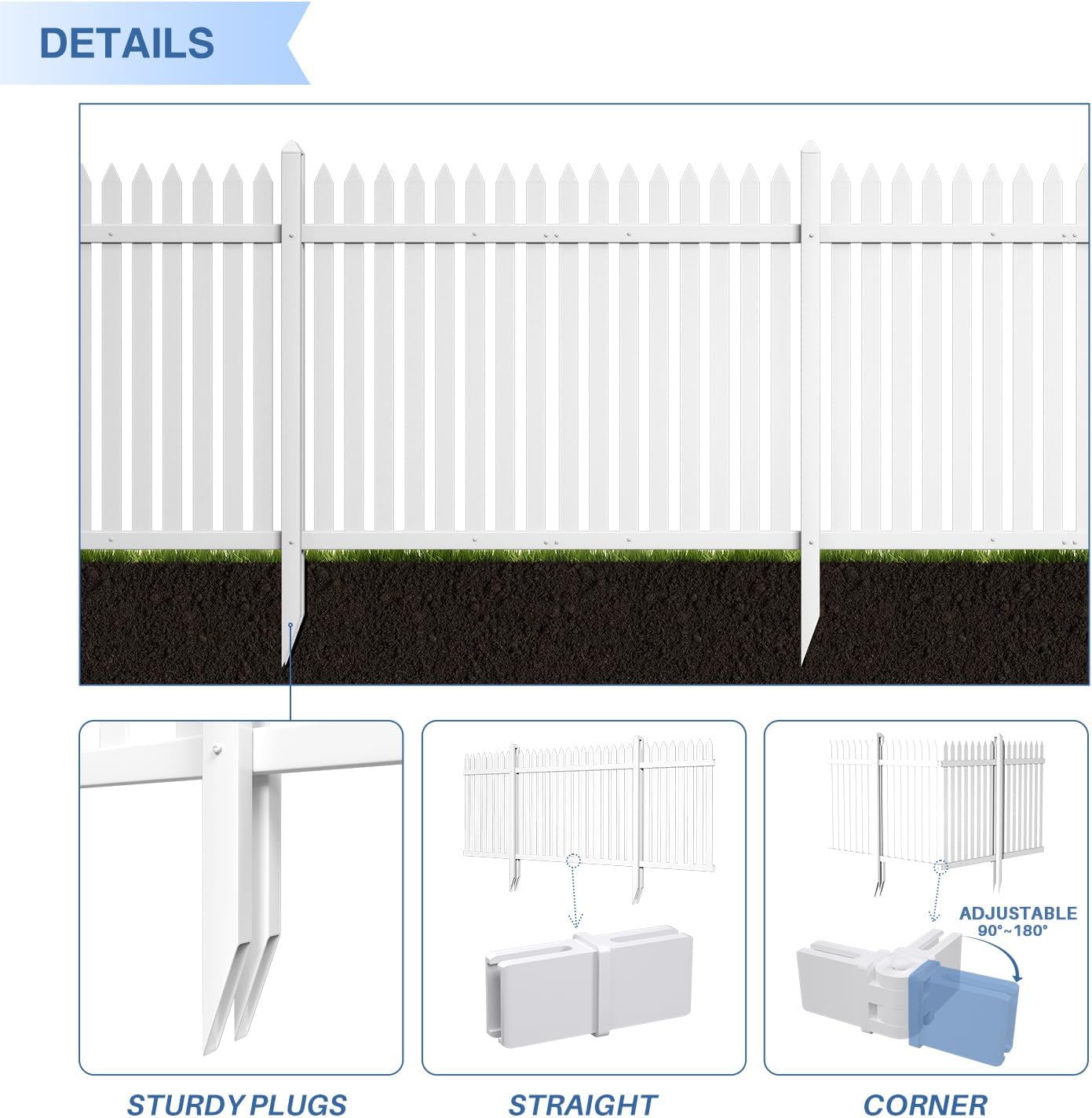 E&K 1 Set 36" H x 84" L Vinyl White Picket Fence Panels with Ground Spike Decorative Fencing for Pool Garden Patio Backyard Porch (20 Pickets, Straight)