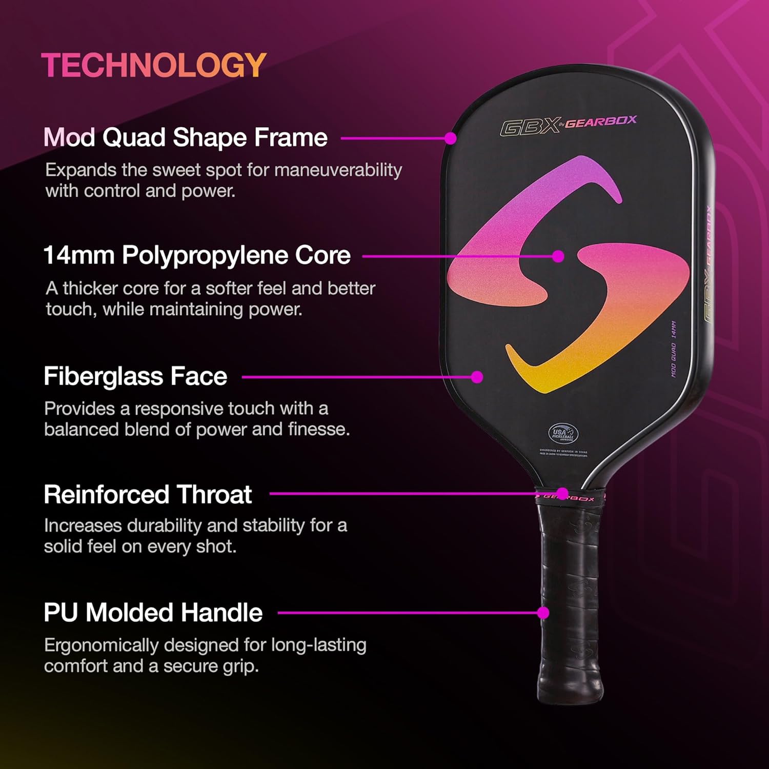 Gearbox GBX Quad Mod 14mm Pickleball Paddle – Textured Glass Fiber Face, Enhanced Spin & Control, PU Molded Handle, 14mm Poly Core – Lightweight, Durable, High-Performance Paddle