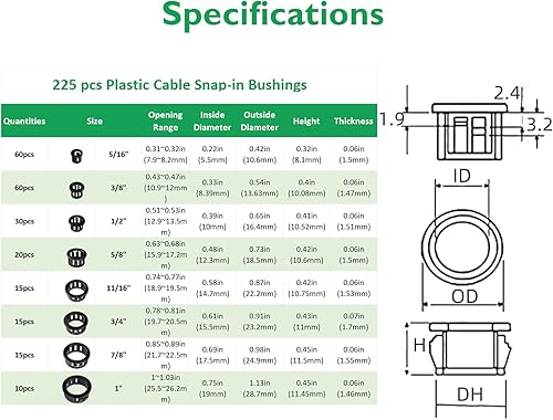 Miniatura 8 de Juego surtido de 225 arandelas aislantes de 8 tamaños para cables, 516, 38, 12, 58, 1116, 34, 78, 1 ojales de plástico de nailon negro para
