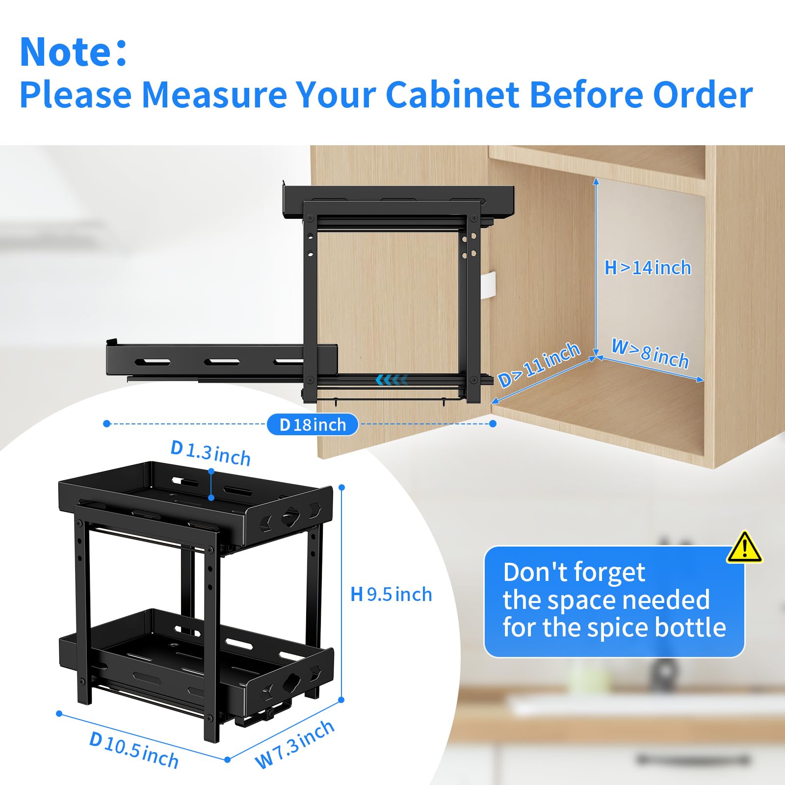 BOIVSHI Ausziehbares Gewürzregal für Schrank, 2-stöckiges Gewürzregal, höhenverstellbar, vertikales Gewürzregal für Küchenschrank, 19,1 cm B x 27,7 cm T x 23,9 cm H, Metall schwarz)
