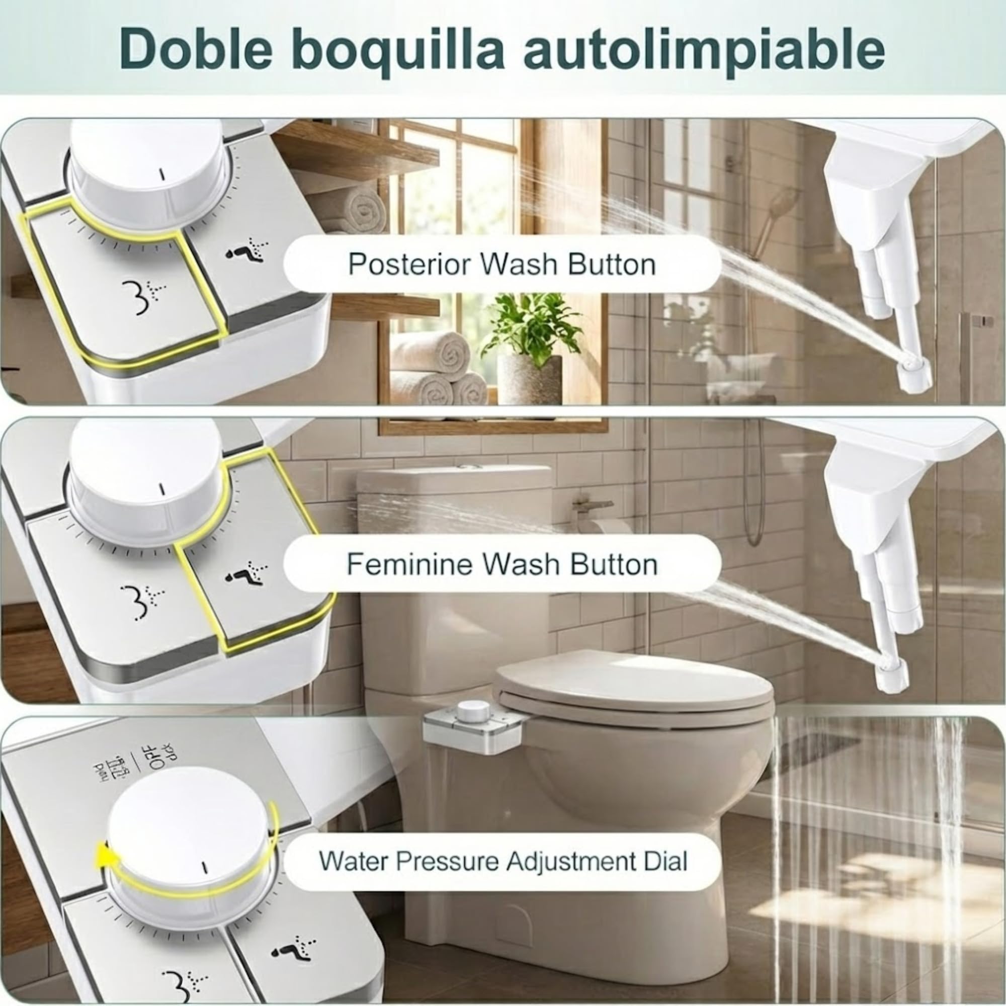 Bidé para WC No Eléctrico - Boquilla Dual de Autolimpieza para Lavado Frontal y Trasero, Accesorio Bide de Fácil Instalación Asiento de Inodoro Rociador de Agua Fria con Presion Ajustable