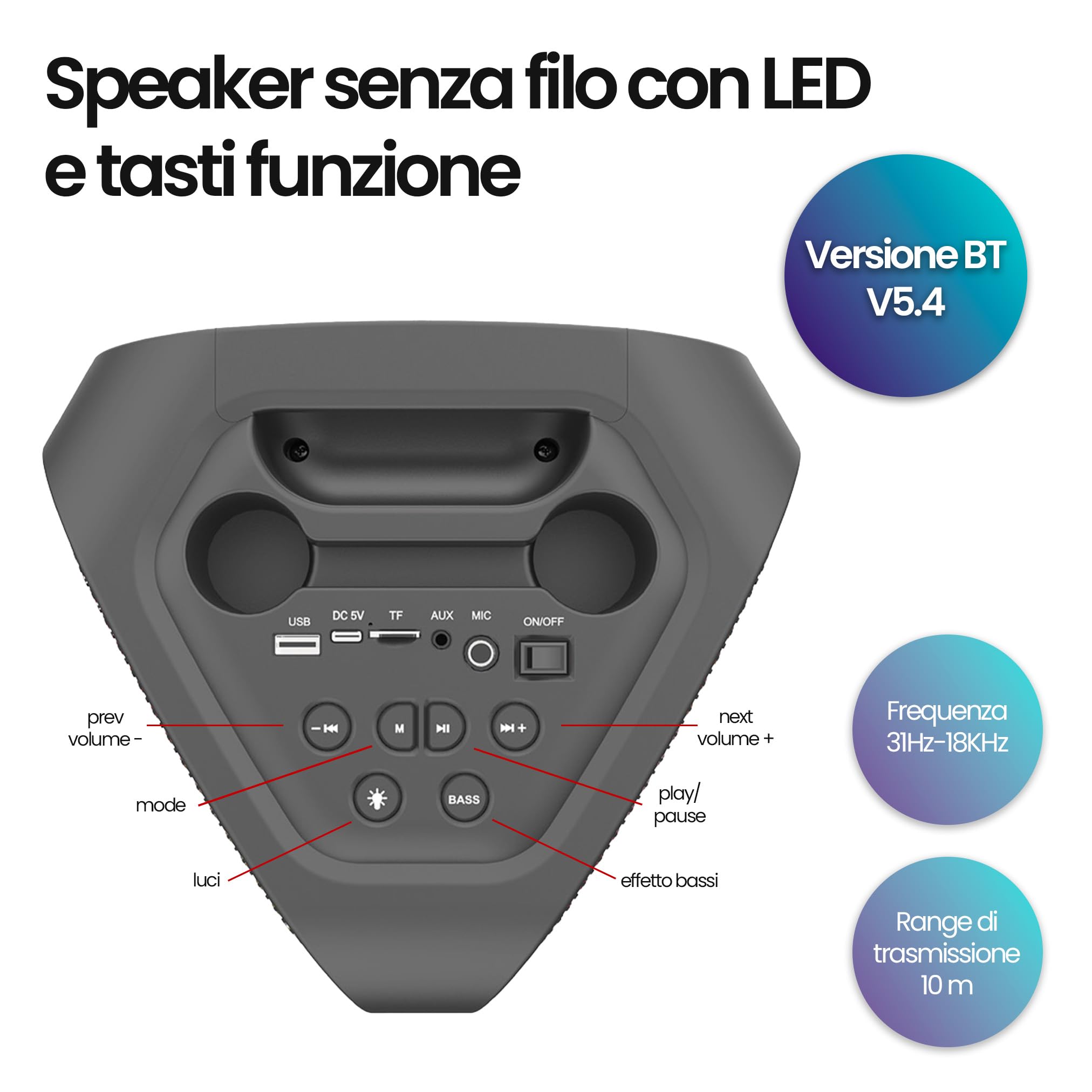 Techmade Speaker Bluetooth Karaoke con Microfono - 15W Portatile, Sistema 2 in 1 - Luci LED RGB - Connessione con BT 5.4, USB, Micro SD e AUX - Radio FM Integrata - Batteria 2400mAh