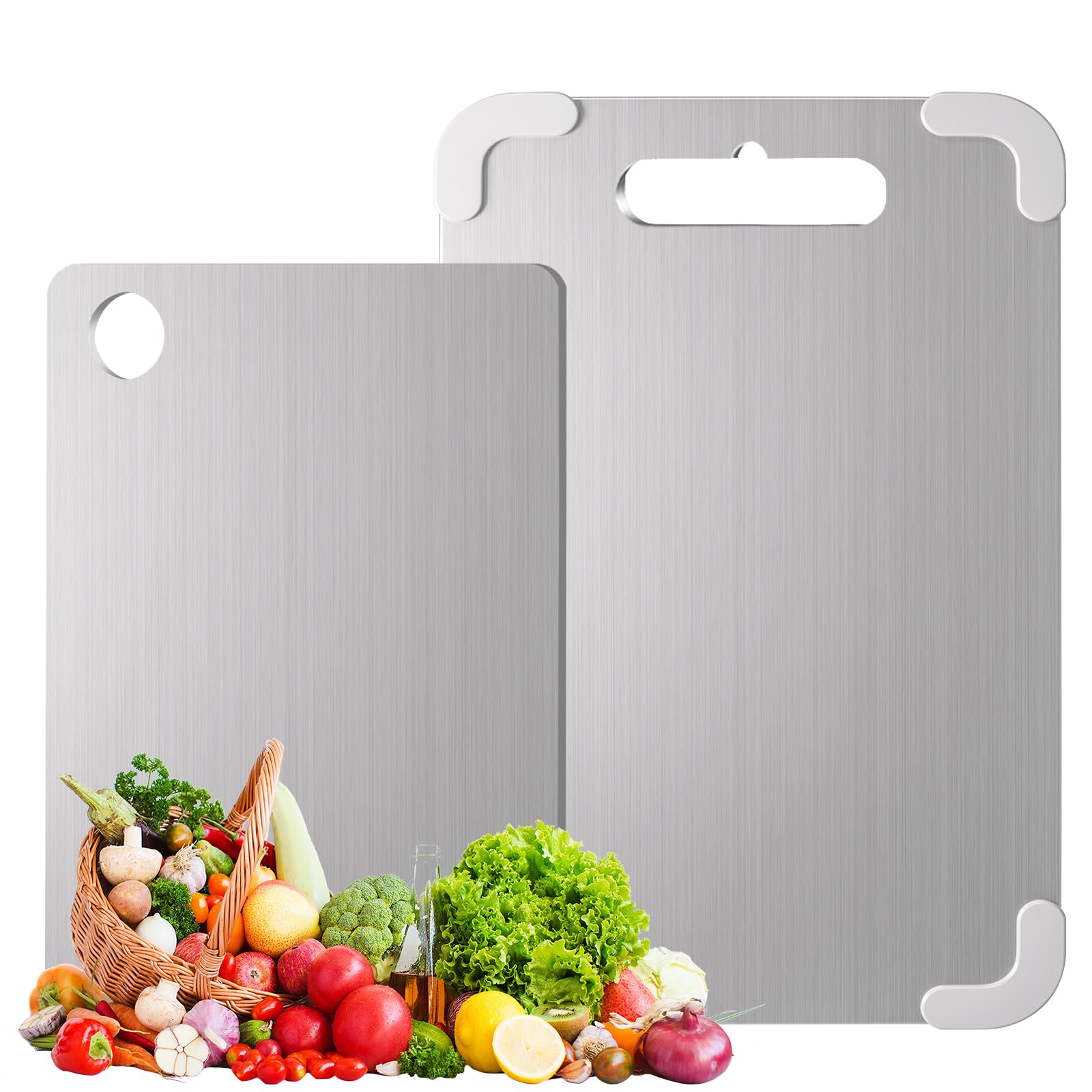 2PCS Tagliere in Titanio per Cucina, Spesso Tagliere In Acciaio Inox Alimentare con Angoli Antiscivolo Rimuovibili in Silicone Antibatterico, Tagliere Acciaio per tagliare carne, pane, verdura, frutta