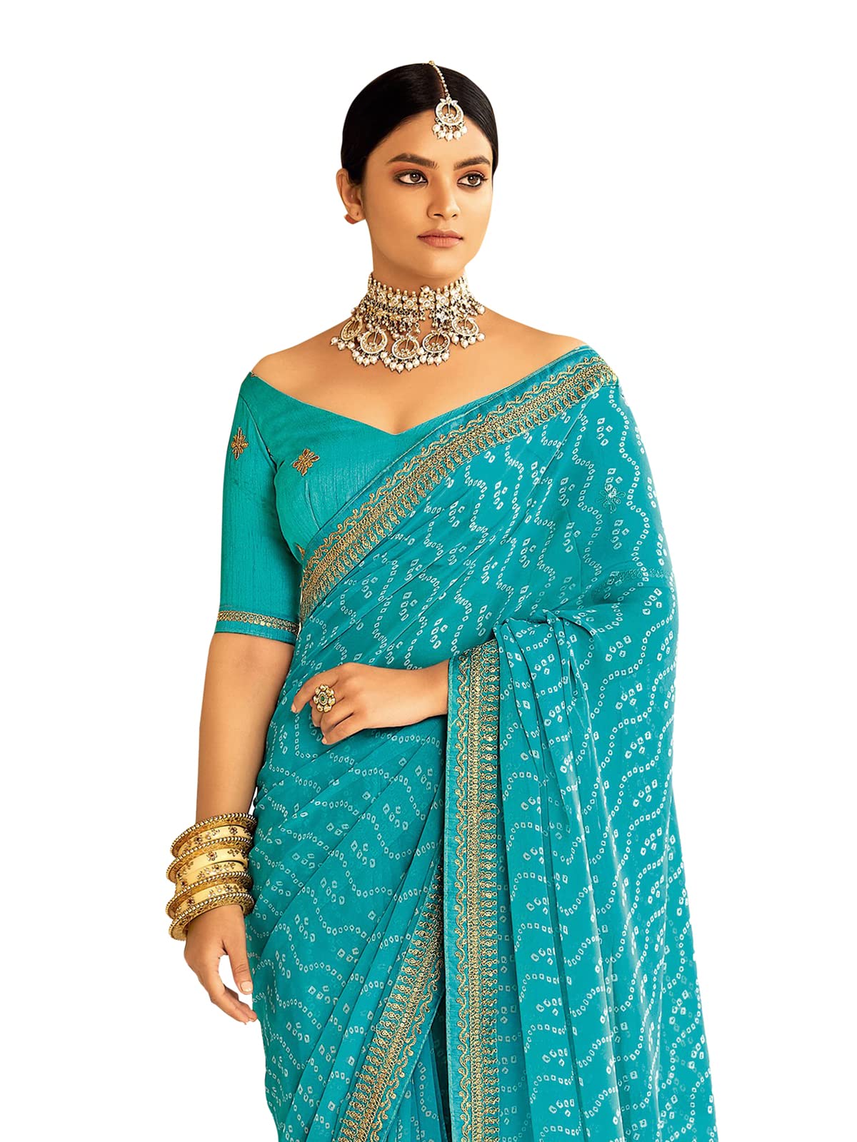 Satrani Women's Bandhani Printed & Embroidery Work In Lace Georgette Saree With Unstitched Blouse Piece(2302Sr128_Sky Blue, White)