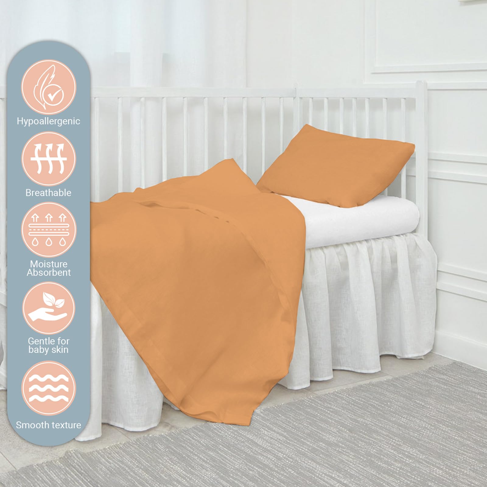Pizuna Baby Duvet Cover For Crib 100 x 135 cm, Apricot Orange, 400 Thread Count 100% Long Staple Cotton Bedding Set - Image 2