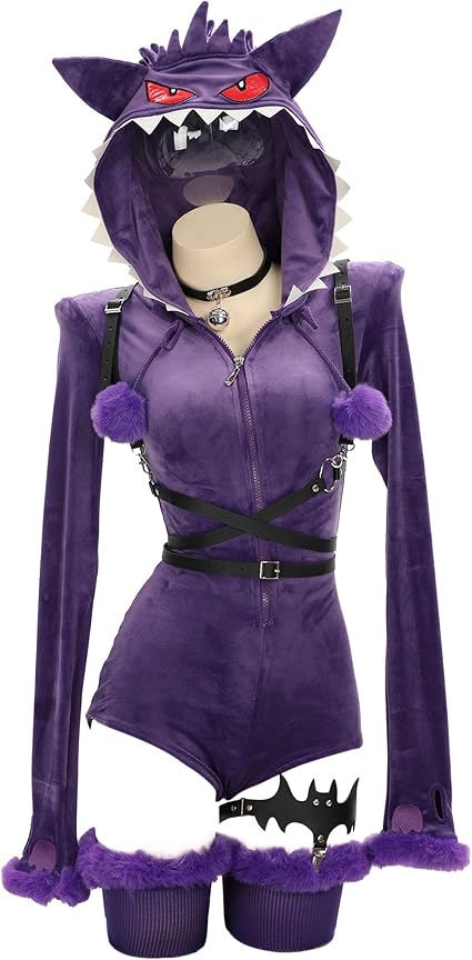 MEOWCOS Women Bodysuit Onesie Pajamas Romper Bodysuit Plush Hooded and Socks with Belt and Tail