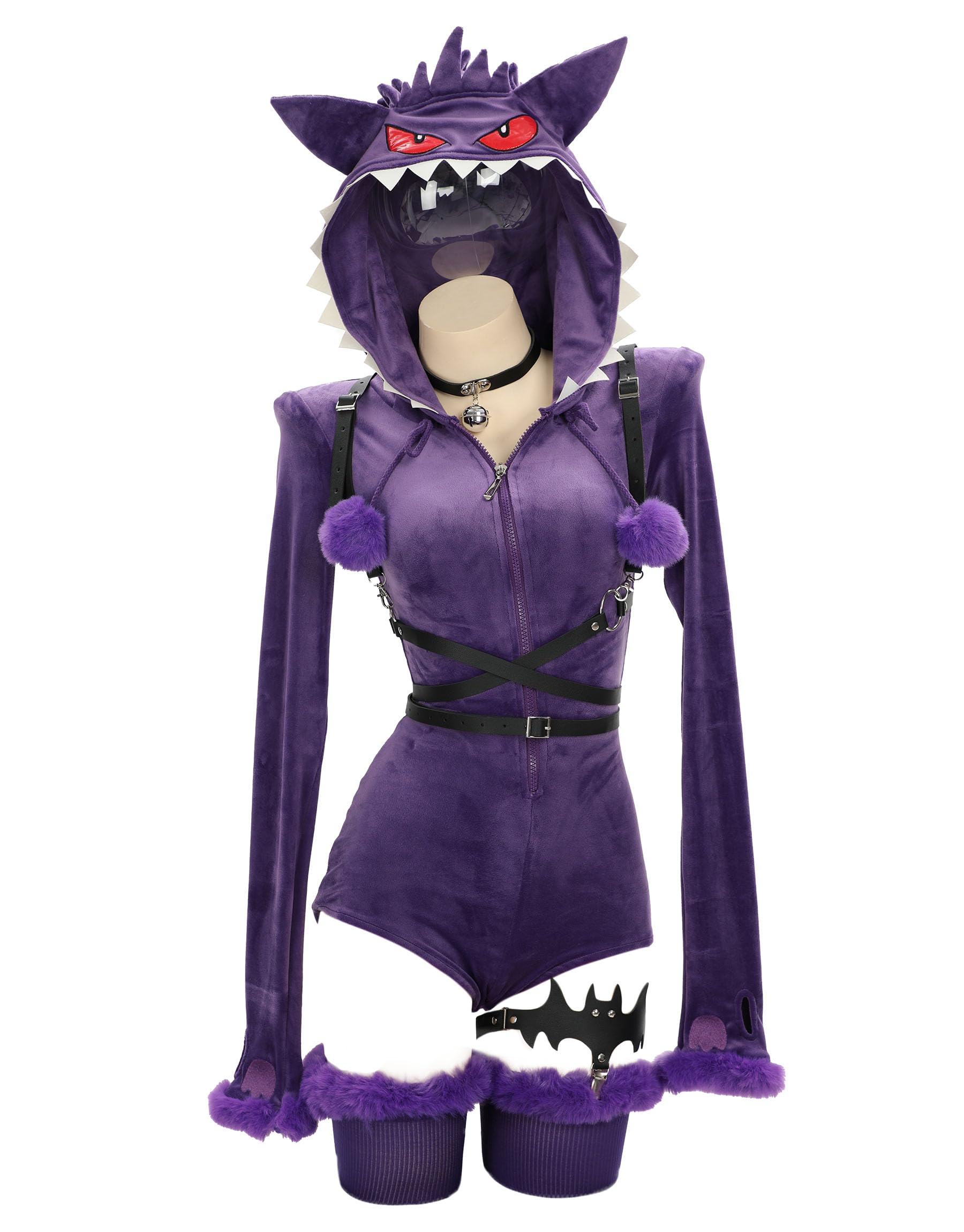 MEOWCOS Women Bodysuit Onesie Pajamas Romper Bodysuit Plush Hooded and Socks with Belt and Tail: Small Purple