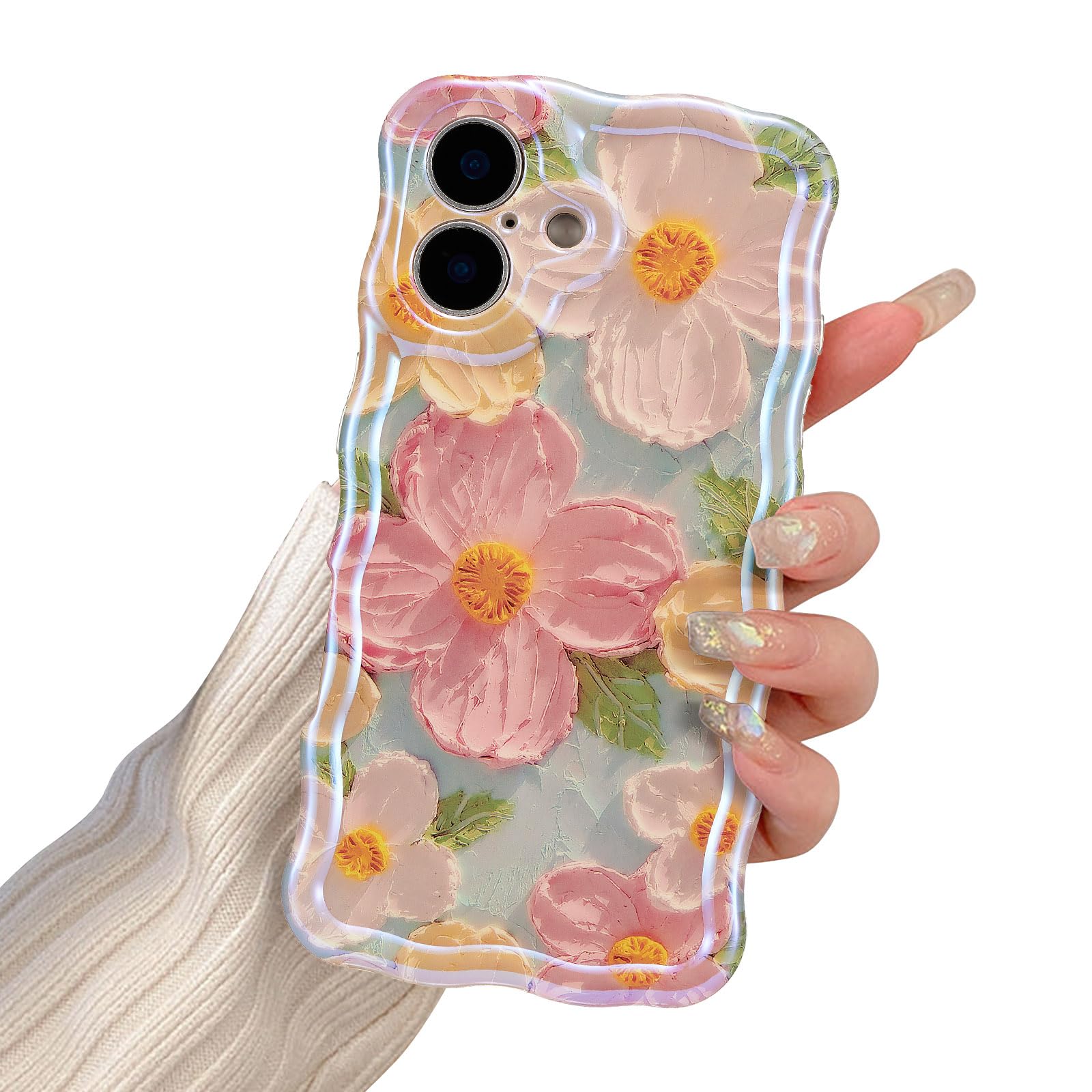 EYZUTAK Case for iPhone 16, Colorful Retro Oil Painting Printed Flower Laser Glossy Pattern Cute Curly Wave Edge Exquisite Phone Cover Stylish Durable TPU Protective Case for Girl Women-Green — view 9