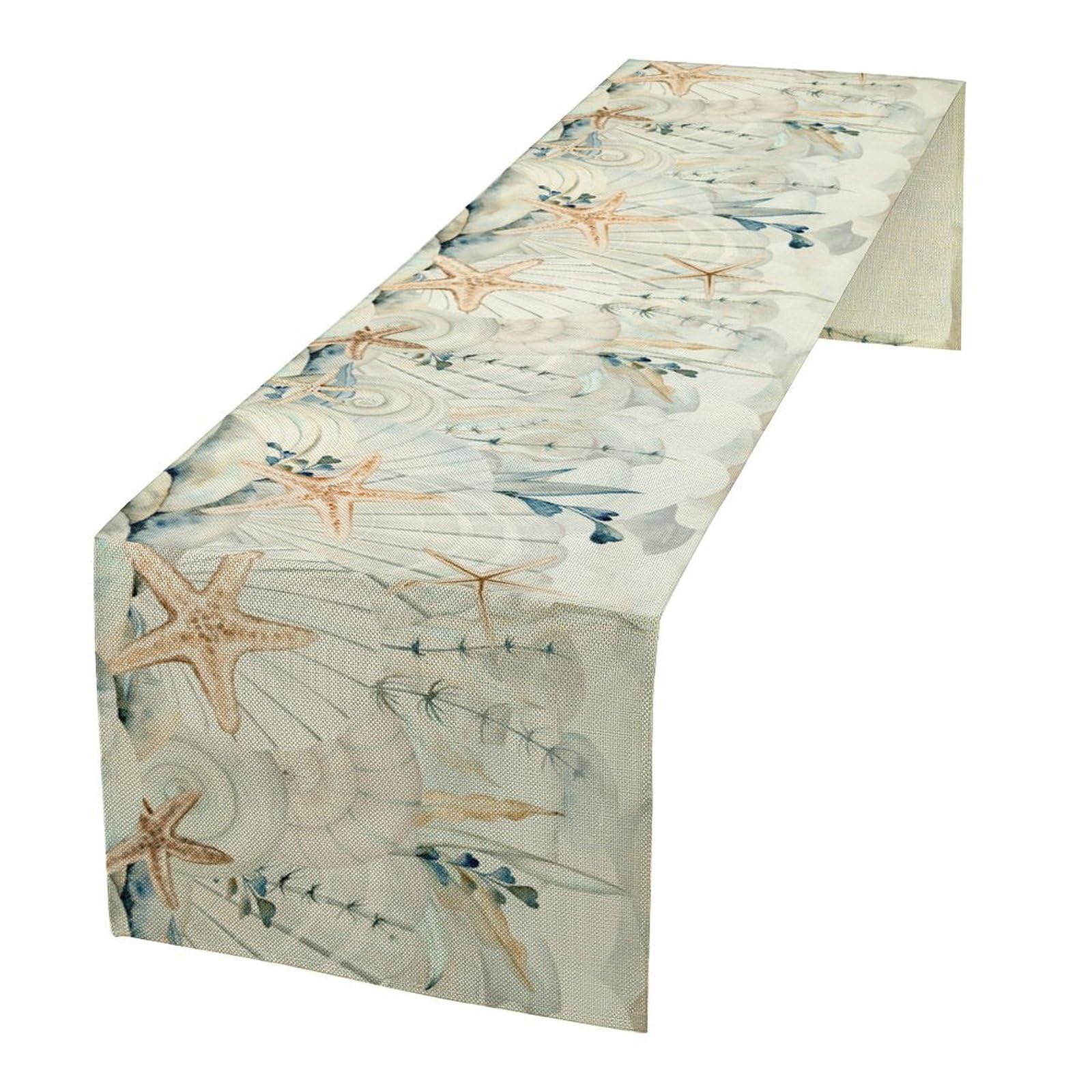 Sea Shell Starfish Beach Table Runner, Sea Shell Starfish Beach Pattern for Home Table Decor Kitchen Dining Coffee Room Party Decor 13x60in
