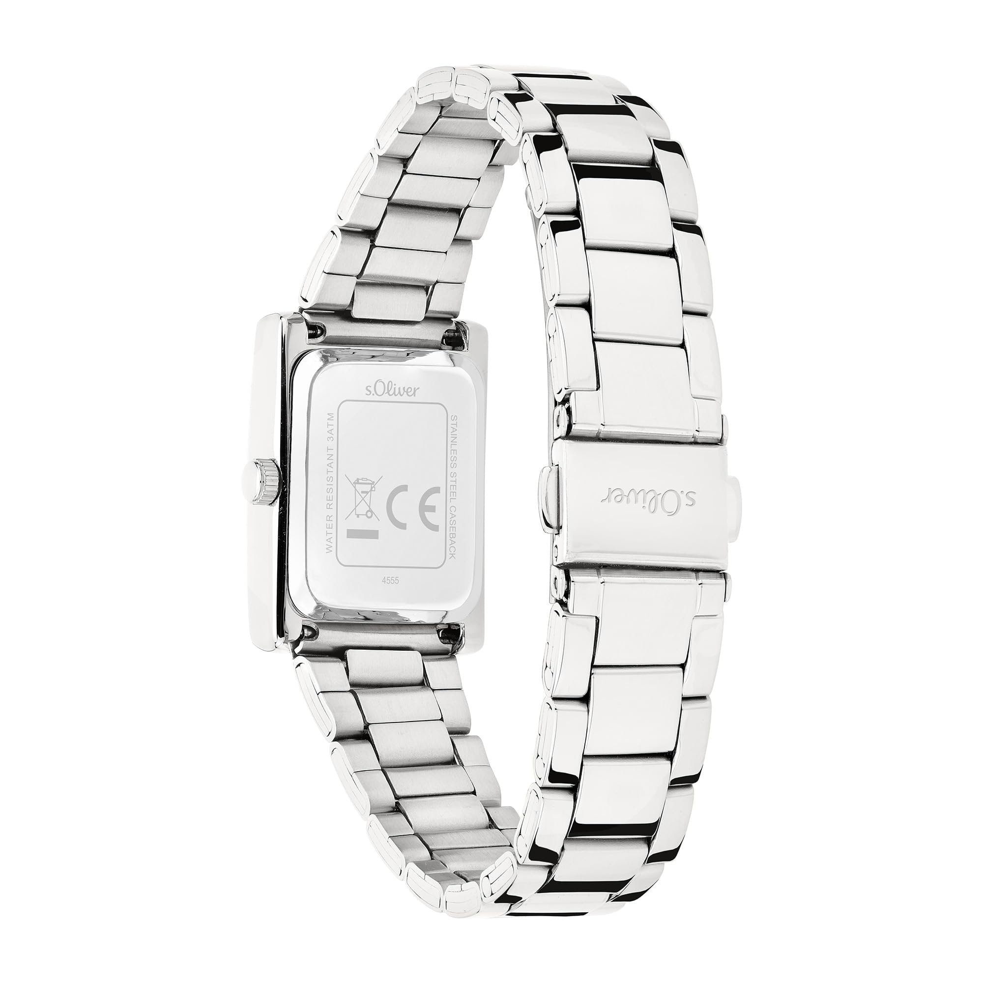s.Oliver Damenuhr mit eckigem Gehäuse und Edelstahlband - 30 x 24 mm - analoge, rechteckige Armbanduhr mit Quarzwerk für Damen - 3 ATM wasserdicht - Geschenkidee