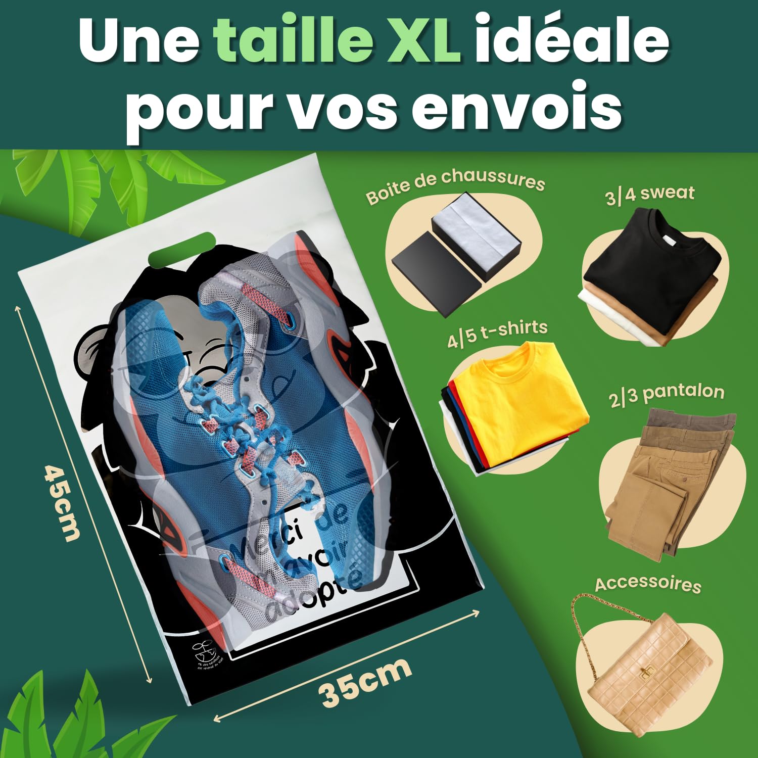 50 Emballage Colis Vinted, Enveloppes Plastiques d’expédition 45x35cm Opaque avec Poignée, Poche à Bordereaux A5, Sac Plastique Auto-Adhésif, Pochette Colis Vêtement, Chaussures, livres, Grand format