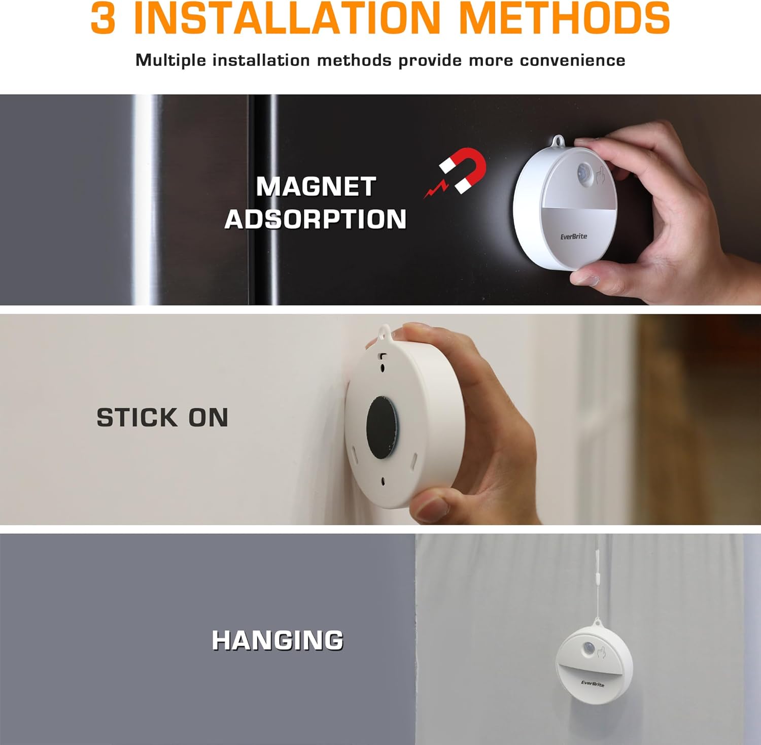 Three images demonstrating installation methods: Magnet Adsorption to a metal surface, Stick On to a wall using an adhesive sheet, and Hanging with a lanyard from a shelf.