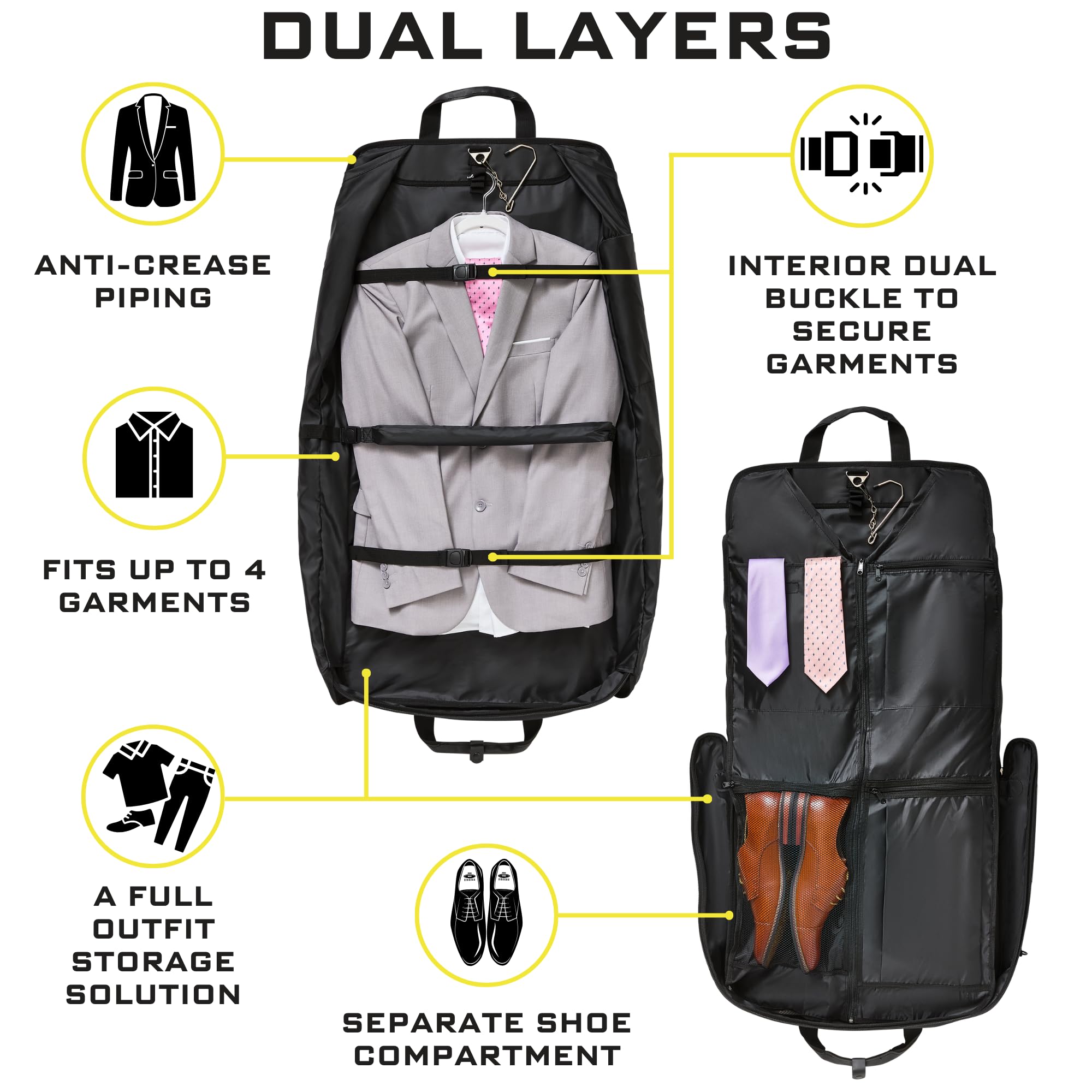 Premium Suit Bag for Men Carry On - Garment Bag for 4 Suits - Travel & Business Suit Carriers for Men with Shoulder Strap and Laptop Compartment