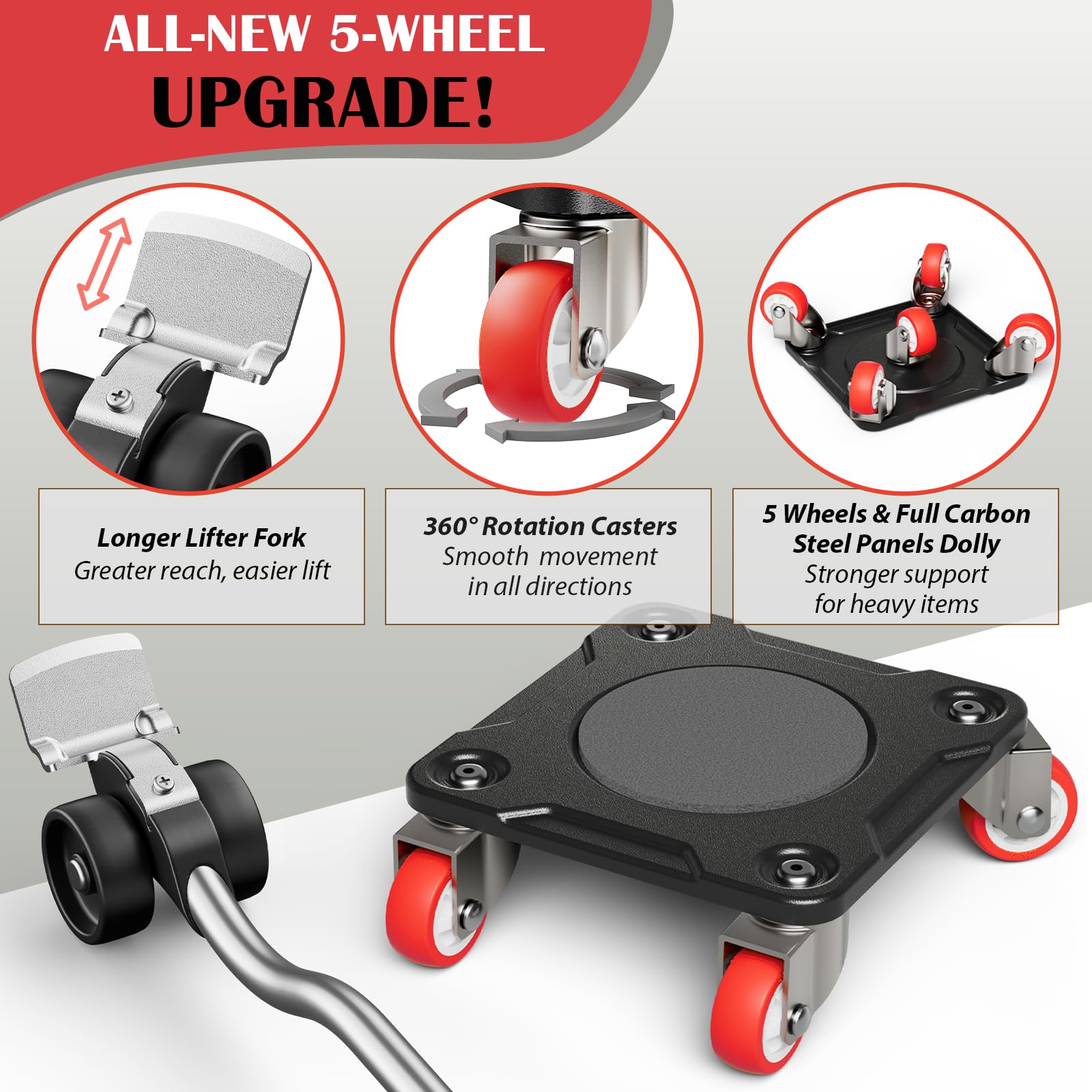 ONEON Kit Sposta Mobili Pesanti con Sollevatore(5 Ruote Sing.) | Sollevatore mobili pesanti, 360° ruote aggiornate, pannelli in acciaio al carbonio, supporta fino a 500 kg