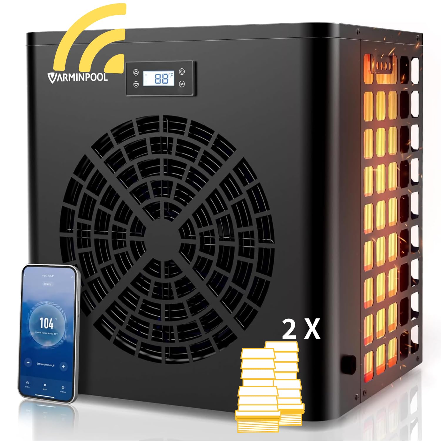 VARMINPOOL 16000 BTU Smart Heat Pump with Variable Power, Energy Efficient, and Smart WiFi Control Unit icons