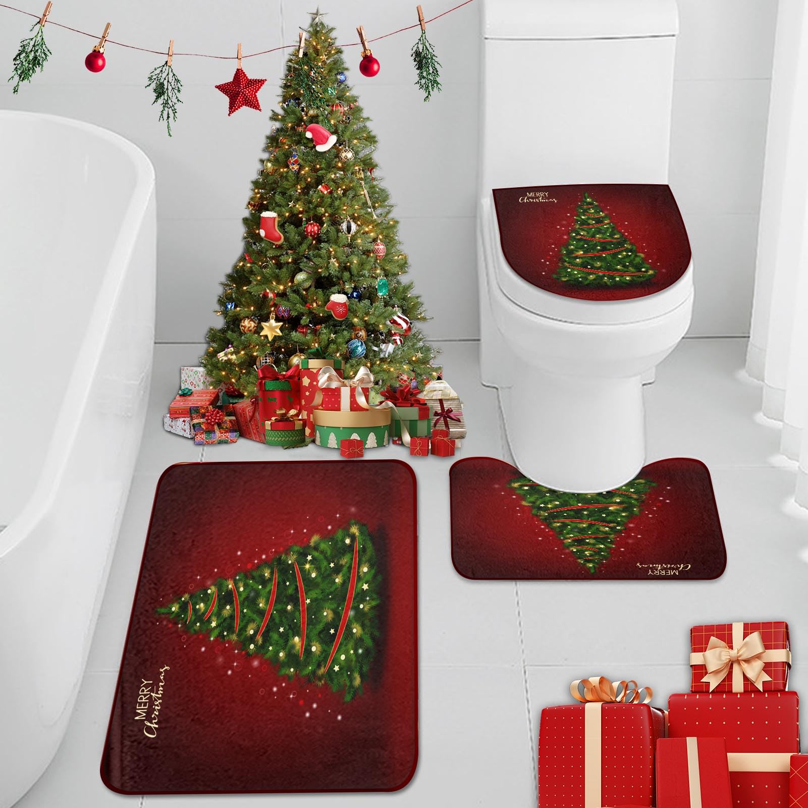 Amazon.com: ArtSocket Christmas Bathroom Rugs and Mats Sets 3 Piece, Christmas Tree Bells Red ...