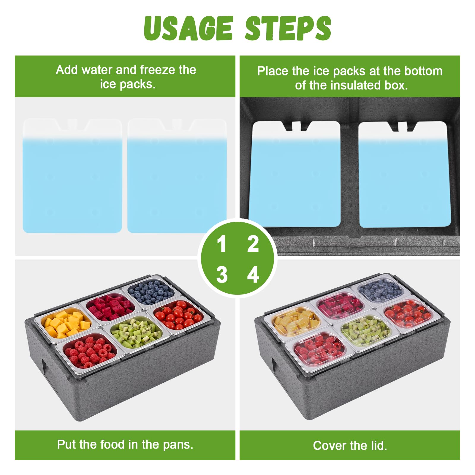 Bandeja para servir hielo para bufé de alimentos fríos, 6 tapas, 6 sartenes, 2 paquetes de hielo, contenedor de condimentos refrigerados, caja aislante, bandeja de fiesta de hielo, enfriador