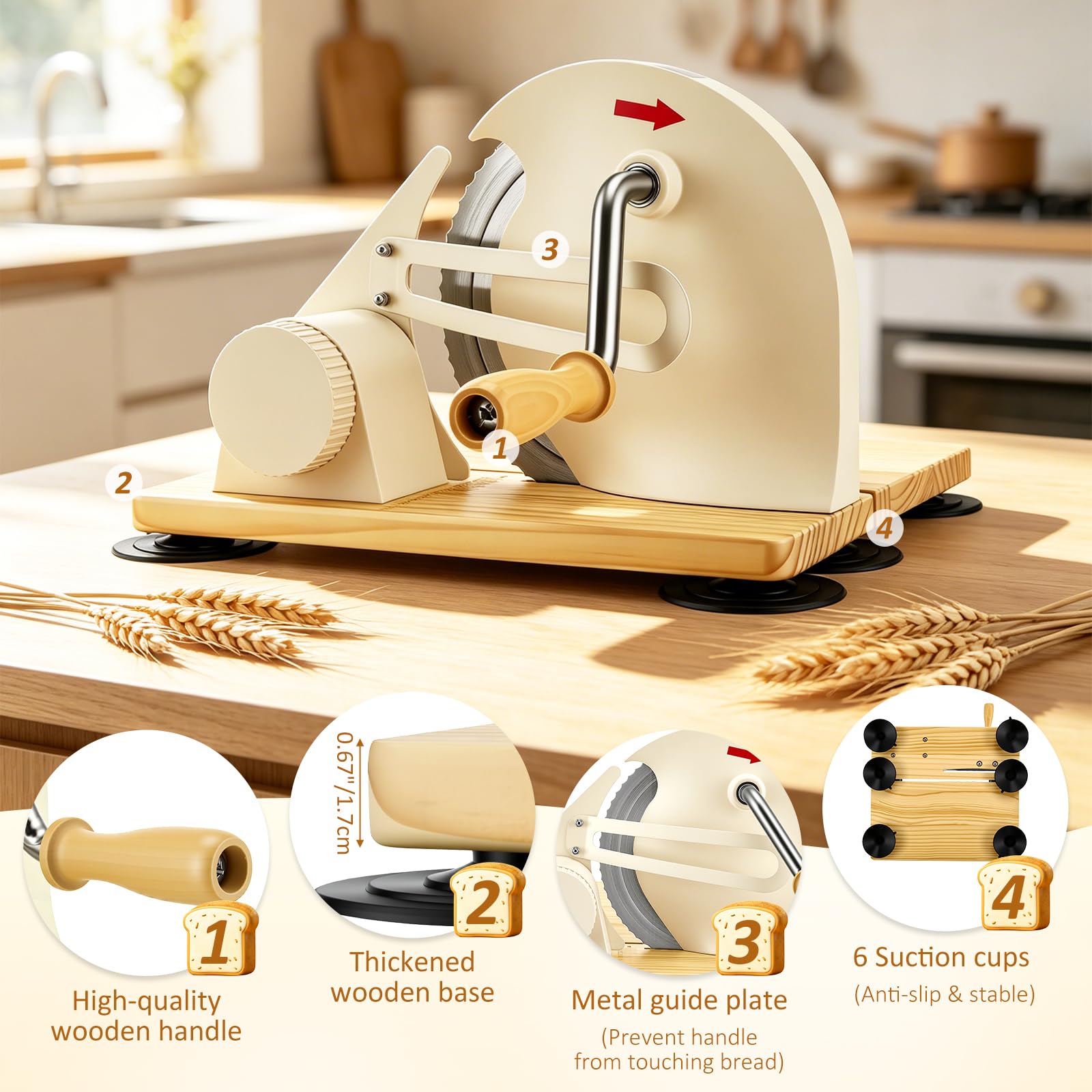 Trancheuse à pain manuelle et pliable - Trancheuse à pain compacte avec lame en acier inoxydable, épaisseur de coupe réglable (1-20 mm), plaque de base en bois antidérapants Idéale pour les toasts