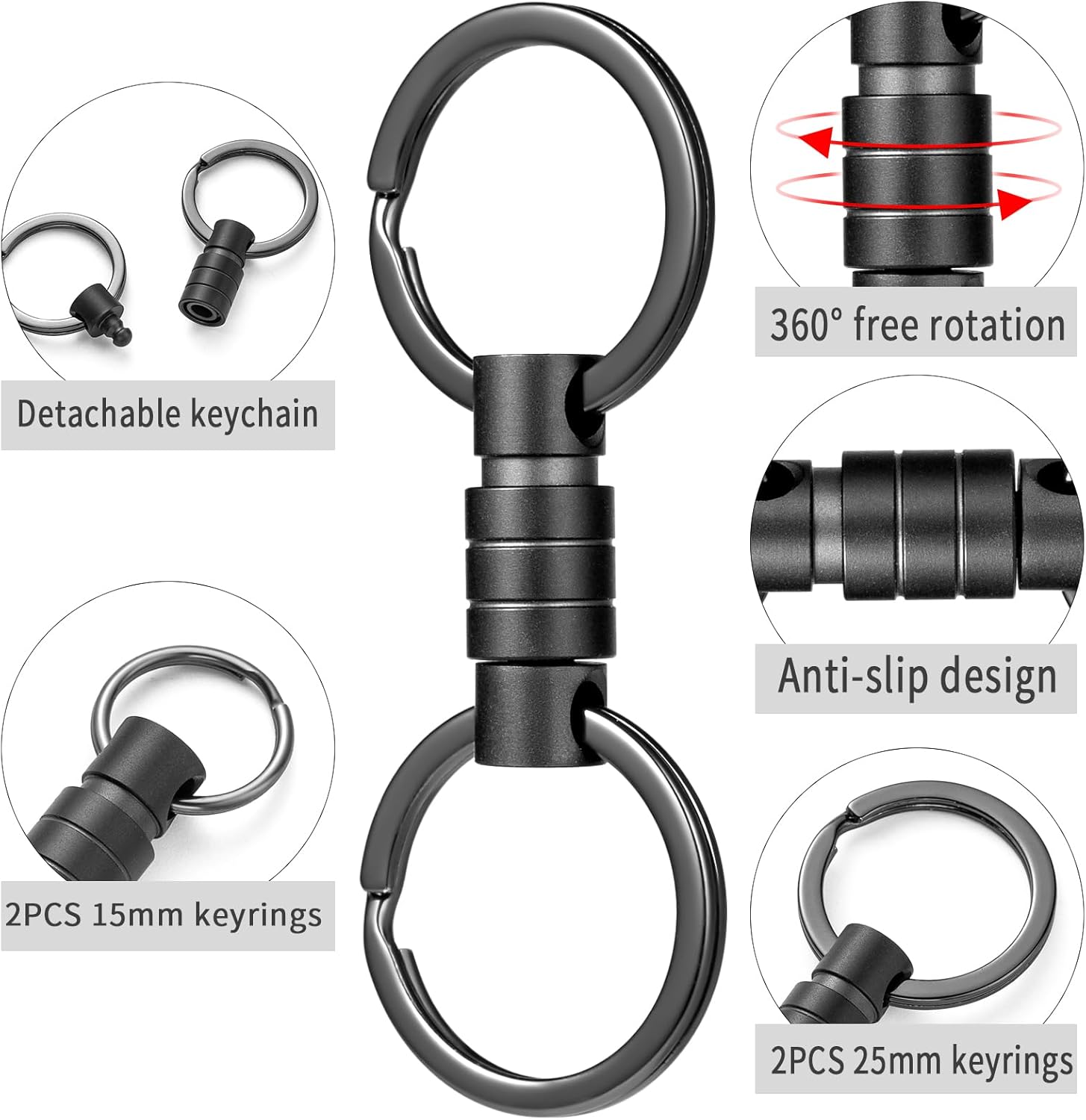FEGVE Titanium Quick Release Keychain, Small Detachable Swivel Keychain Accessories with 4 Key Rings for Bag, Belt & Car-(Anti-fall/Black-1pcs) - Image 4
