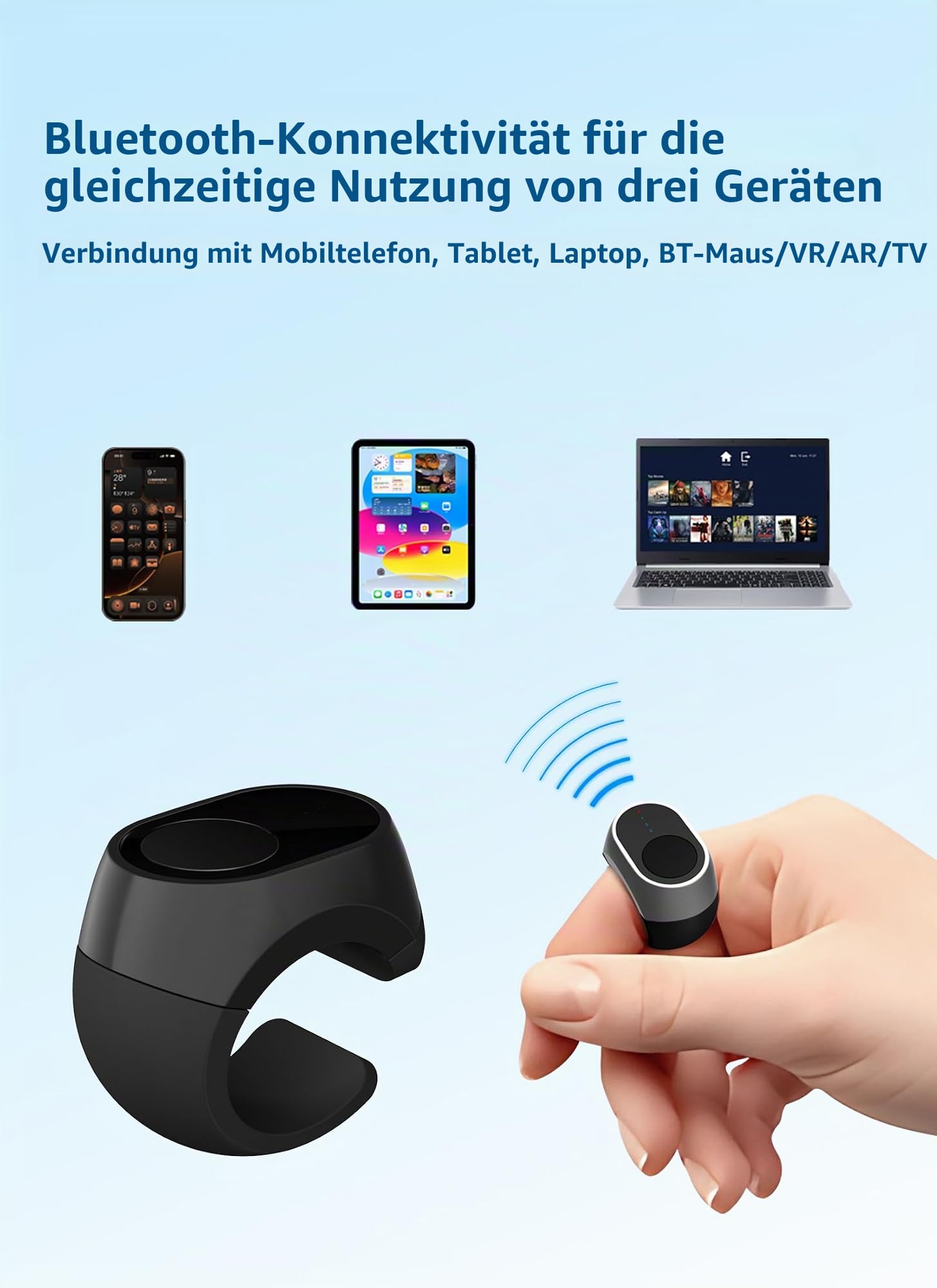 Bluetooth-Fernbedienungsring für TikTok, Kamera - Kompatibel mit iPhone, iPad, iOS, Android - Seitenumblätterung, Videoaufnahme-Fernbedienung - Schwarz