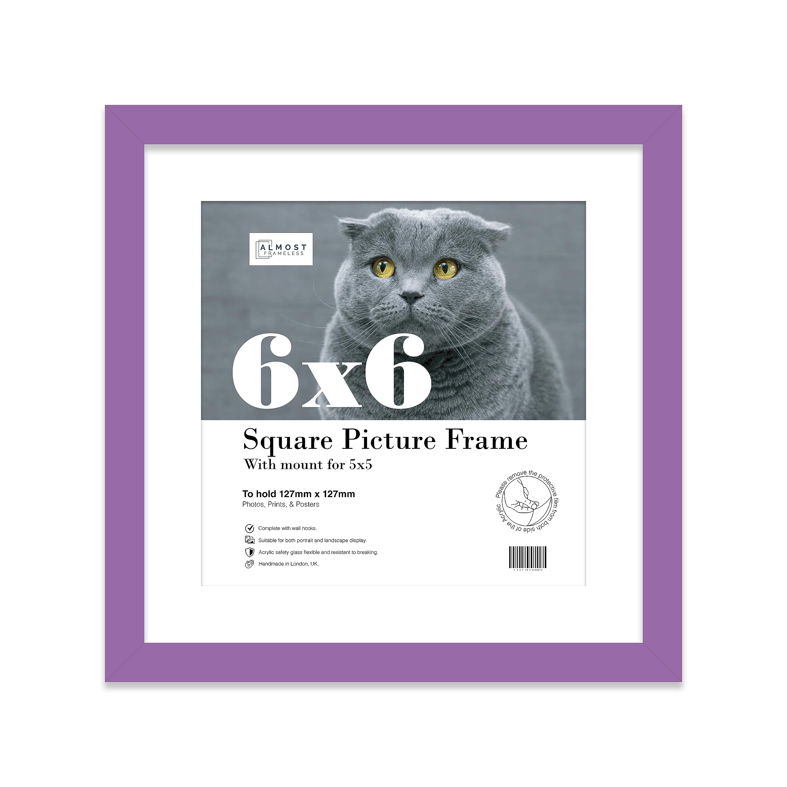 Almost Frameless 6x6 Picture Frame, Display Pictures 5x5 With Mat or 6x6 Without Mat, Wall Hanging & Free Standing Photo Frame, Purple, 1 Pack