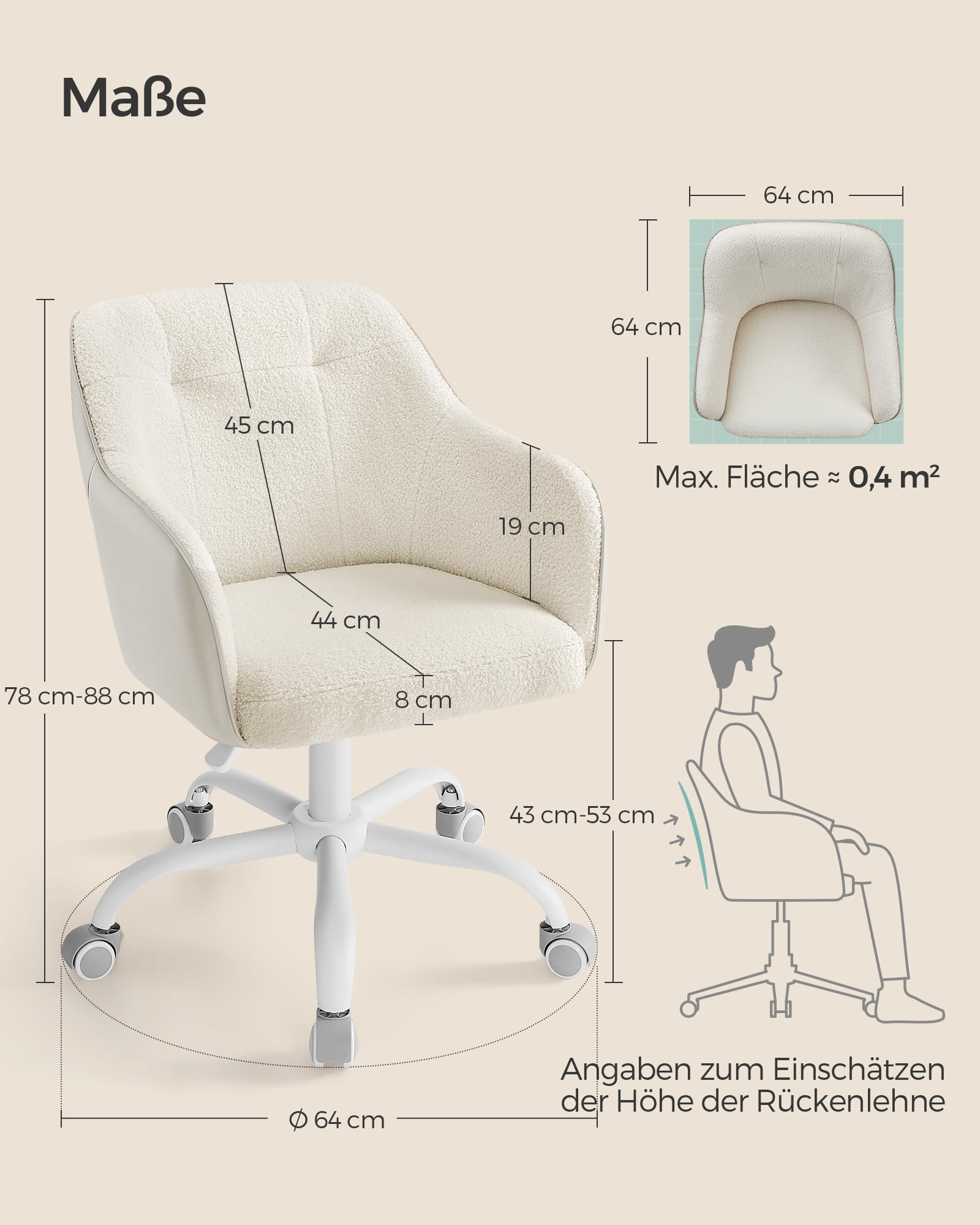 SONGMICS Drehstuhl Schreibtischstuhl höhenverstellbar 110 kg Sherpa-Stoff PU cappuccinobeige