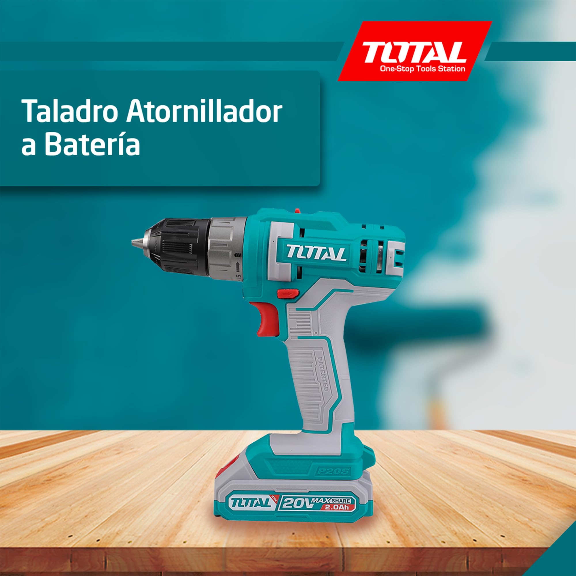 TOTAL - Taladro Atornillador a Batería - 20V - incluye una Batería de 2 Ah y cargador - Portabrocas con Autobloqueo - Máximo Par 45 Nm - Ideal para Bricolaje y Proyectos en Casa - Azul