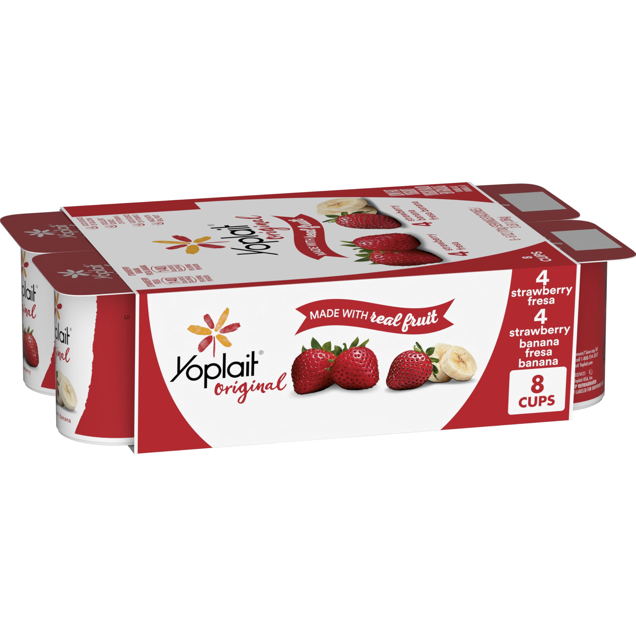Yoplait Original Low Fat Yogurt Variety Pack, Strawberry and Strawberry Banana, Made with Real Fruit, 8 Yogurt Cups, 48 oz