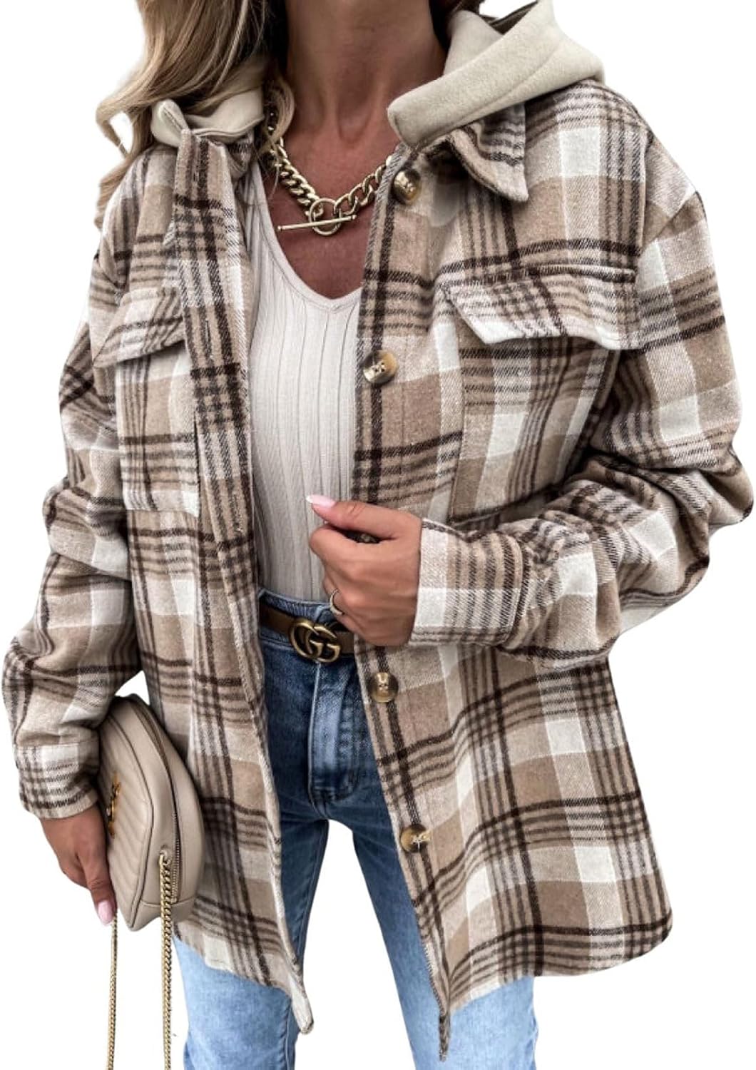 utcoco Womens Chunky Shacket Jacket Button Down Flannel Jacket with Hood Plaid Hoodie Coats