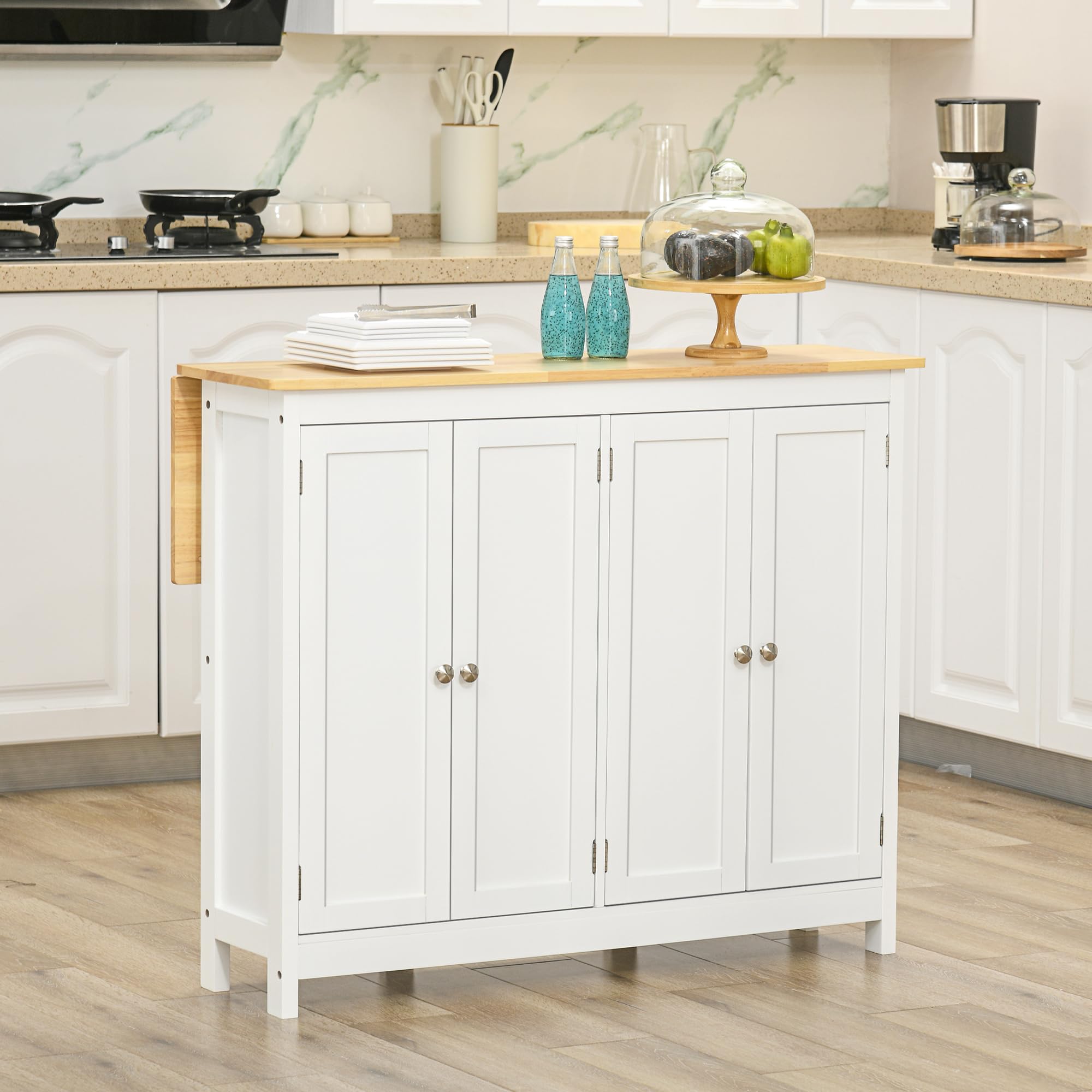 HOMCOM îlot Central de Cuisine avec 2 tabourets, Ensemble Table et Tabouret de Bar, avec 2 armoires, Rangement et Plan de Travail Rabattable, 4 Portes, Design Moderne, Blanc