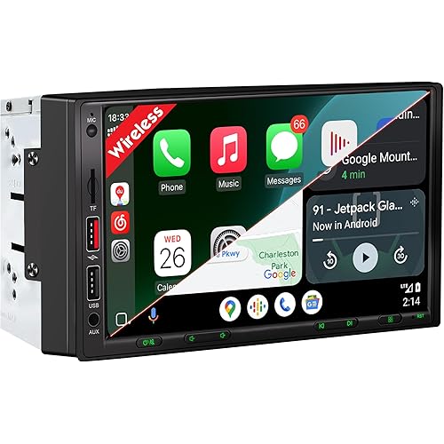 [DSP Inside] Wireless Double Din Car Stereo, Wireless Apple Carplay Android Auto, 7 Inch Touchscreen Radio with 240W Enhanced DSP Sound, FM/AM/Bluetooth Handsfree, HD Waterproof Backup Camera